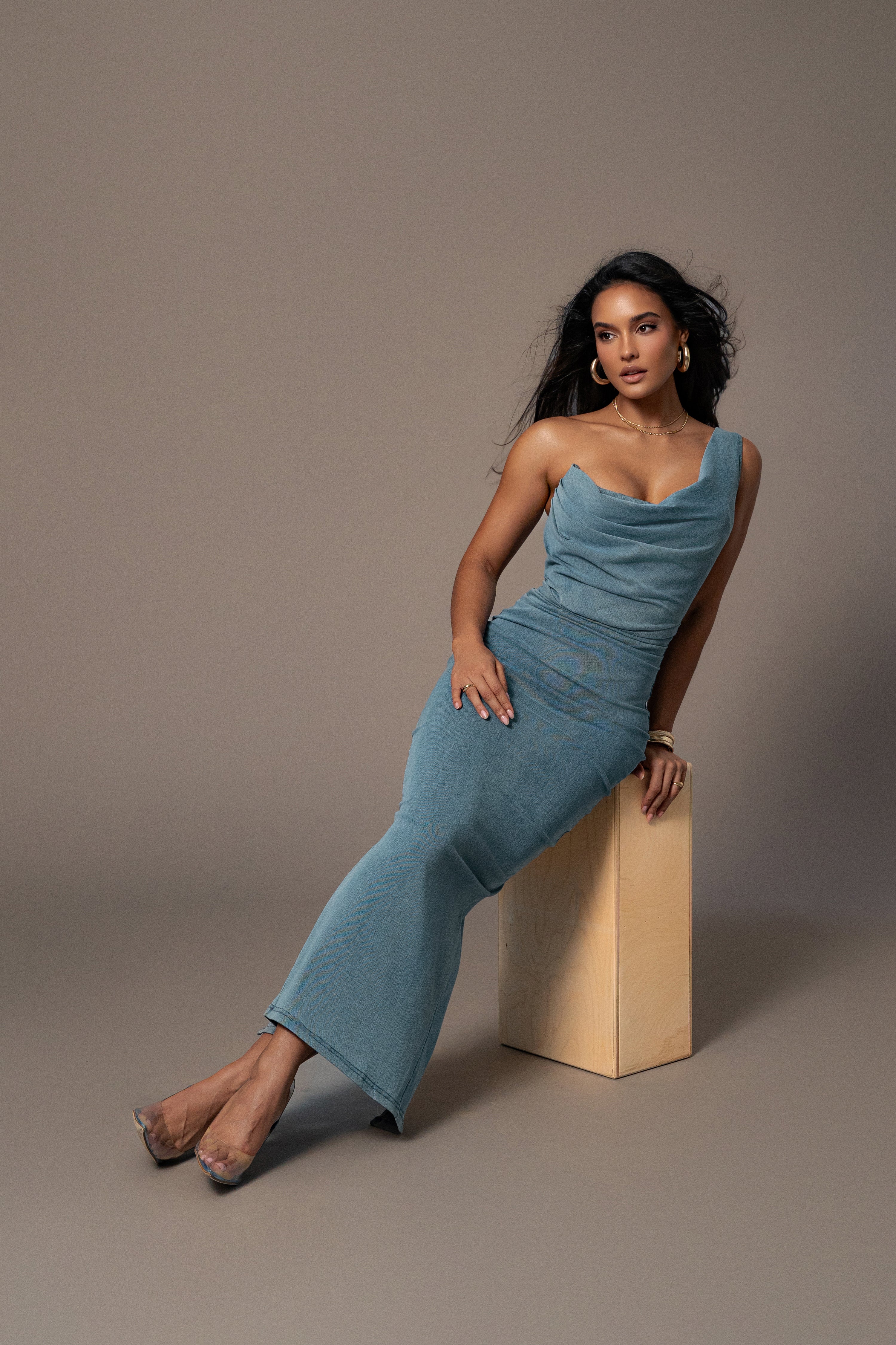 Medium Wash Denim Krishna One Shoulder Maxi Dress - JLUXLABEL