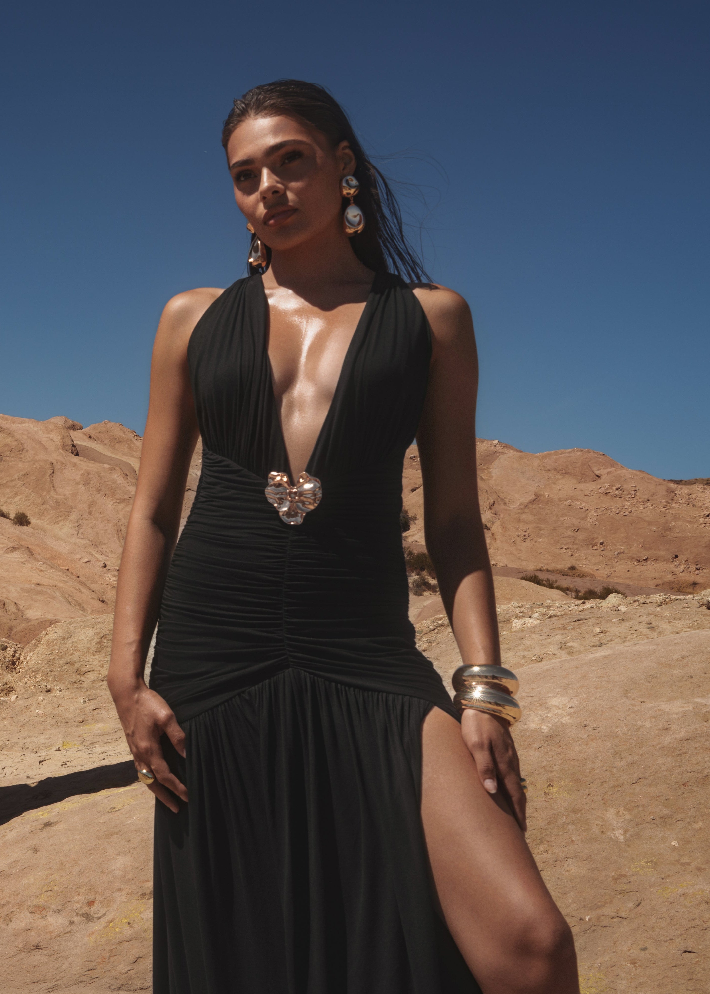 Black Golden Evenings Halter Dress