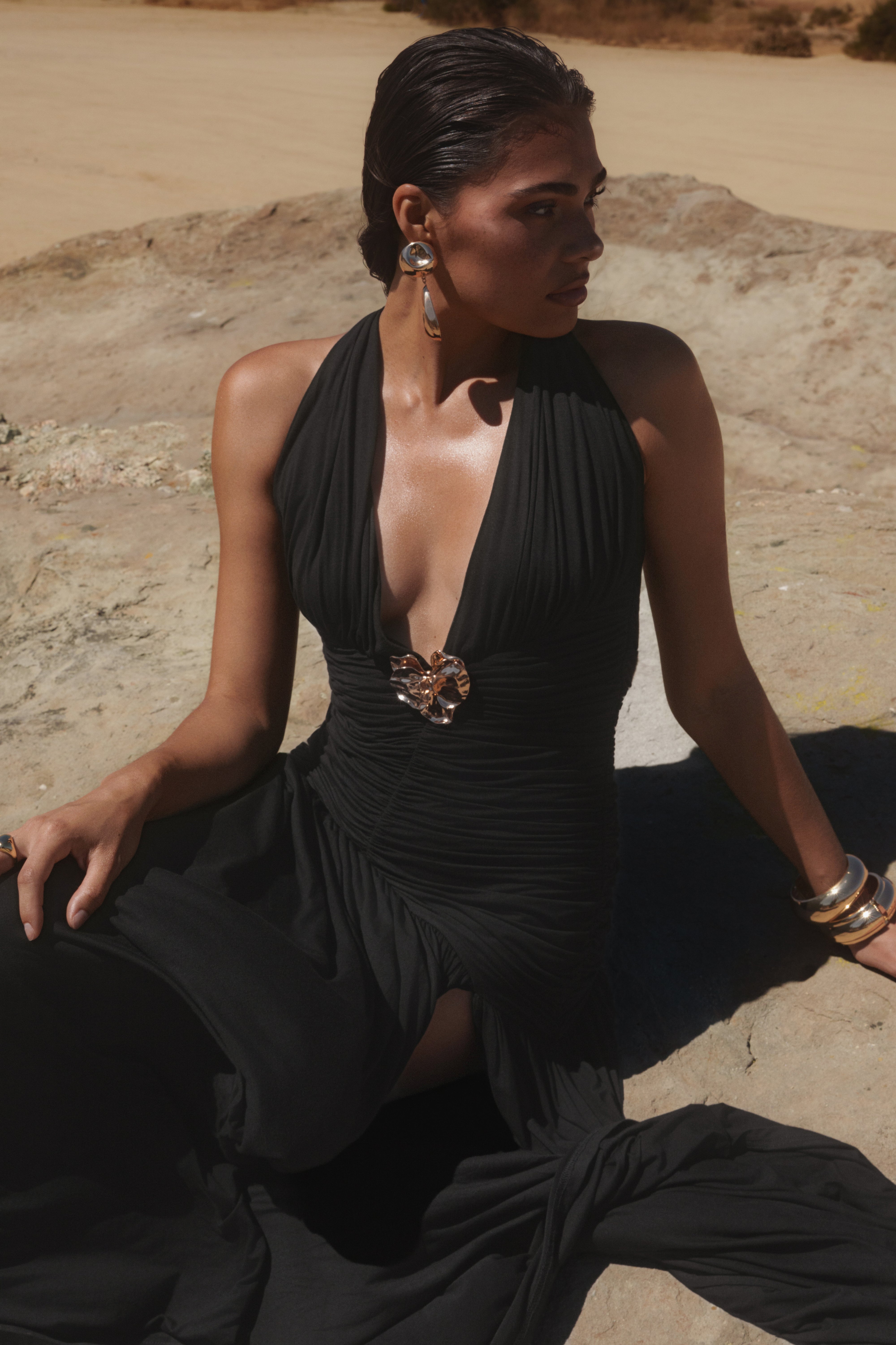 Black Golden Evenings Halter Dress