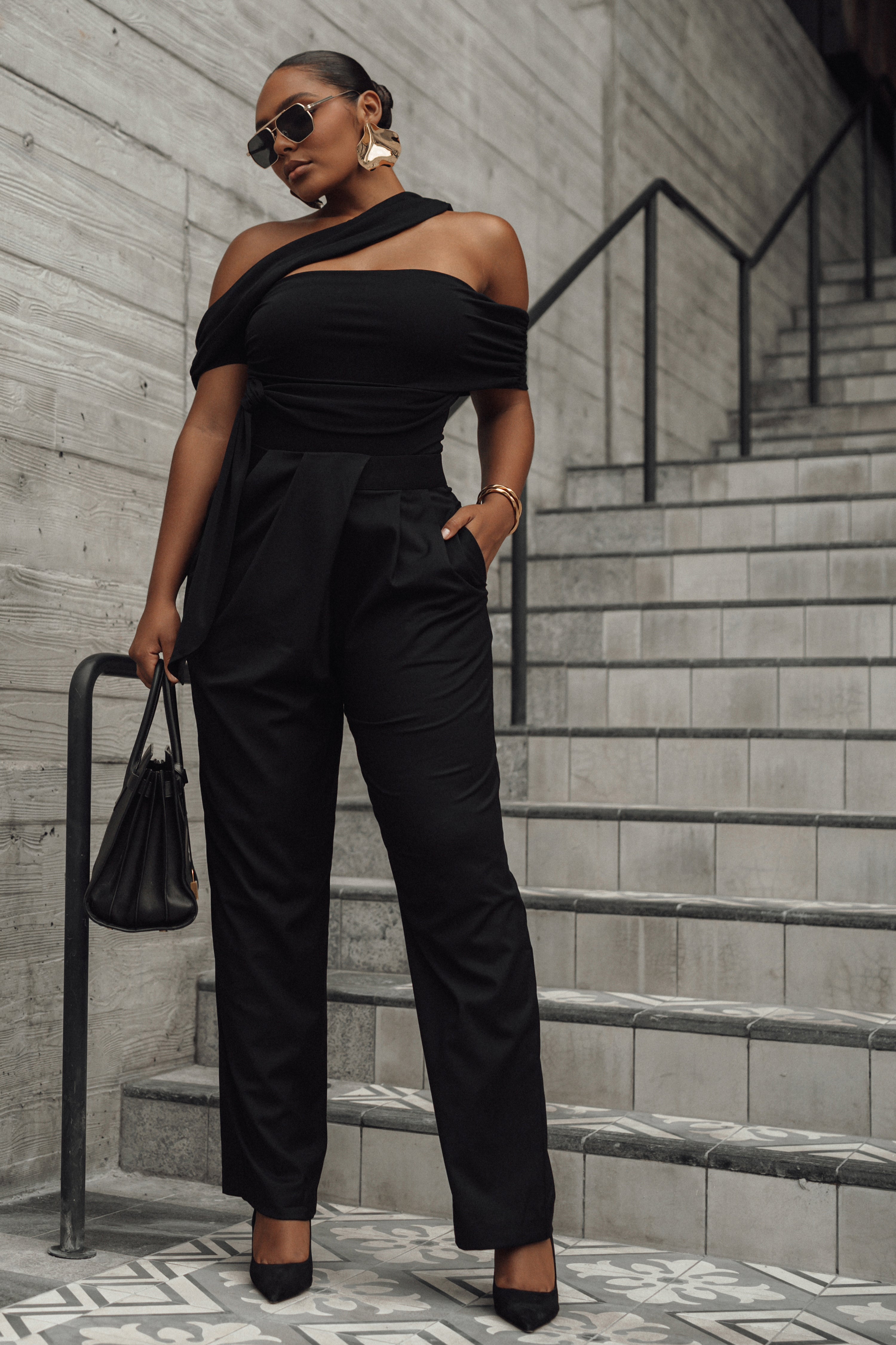 Black Asymmetrical Draped Trousers - JLUXLABEL