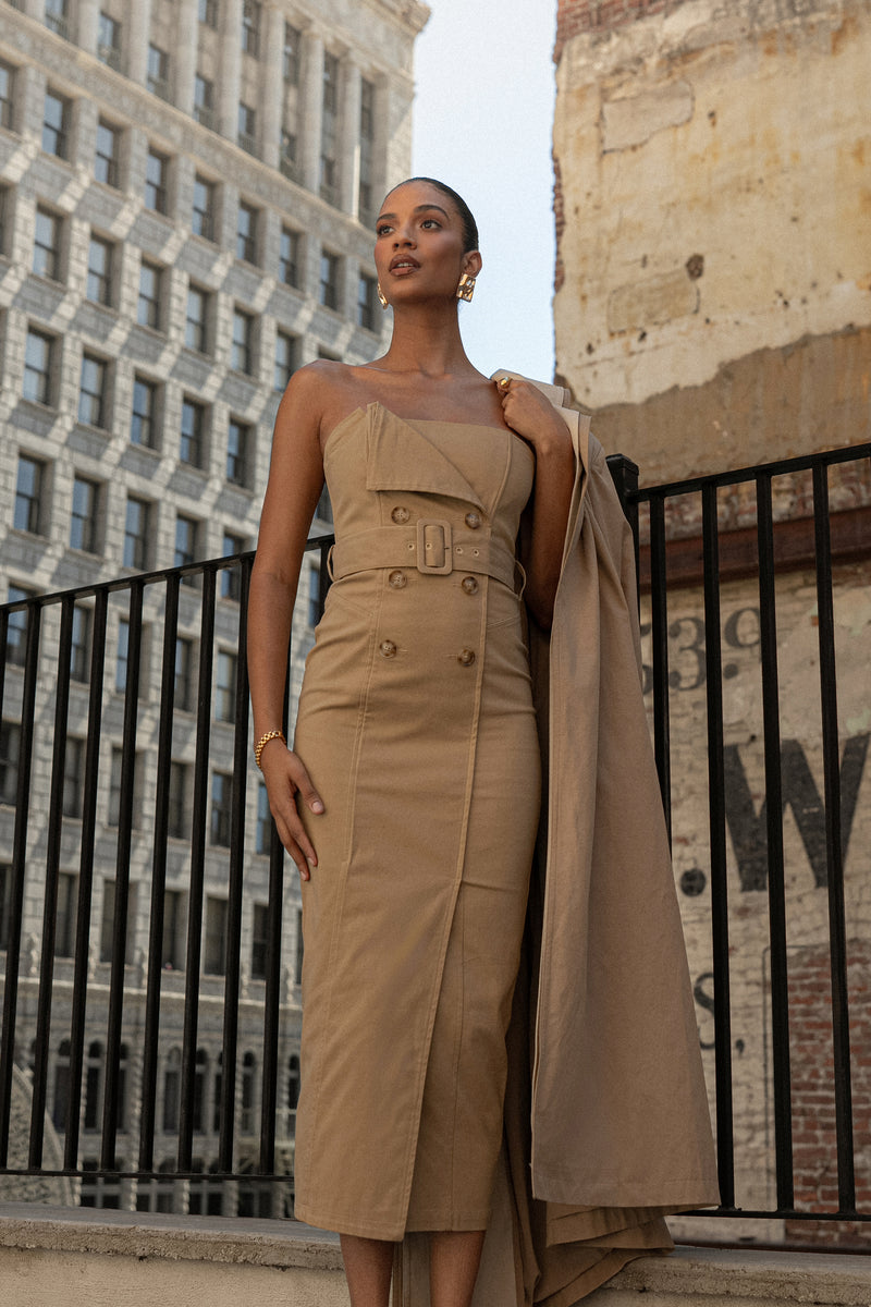 Khaki Asymmetric Belted Midi Dress