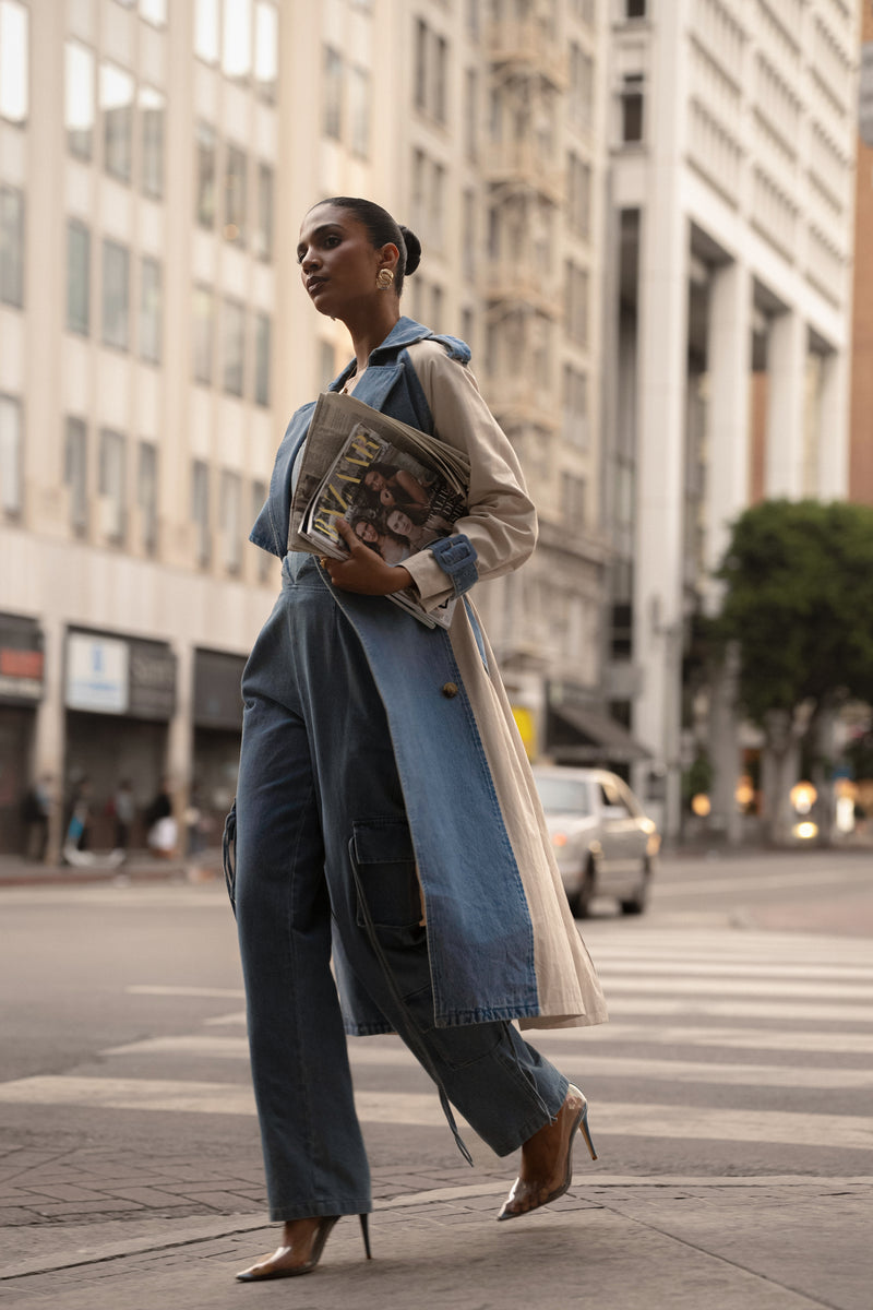 Veste contrastée ceinturée Leighton en denim délavé clair