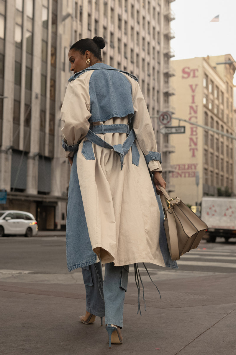 Veste contrastée ceinturée Leighton en denim délavé clair