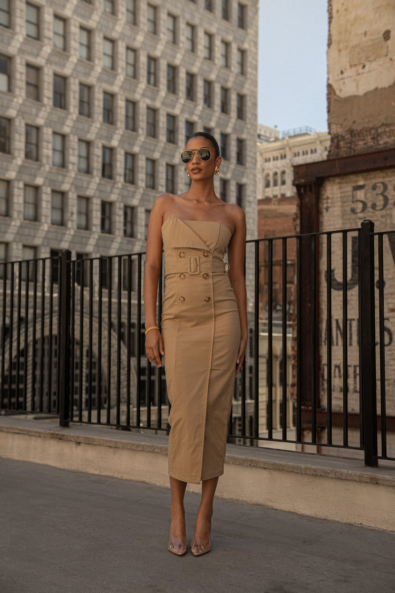 Khaki Asymmetric Belted Midi Dress