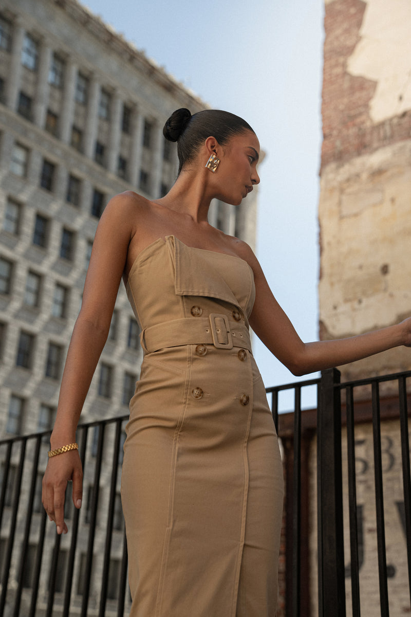 Khaki Asymmetric Belted Midi Dress