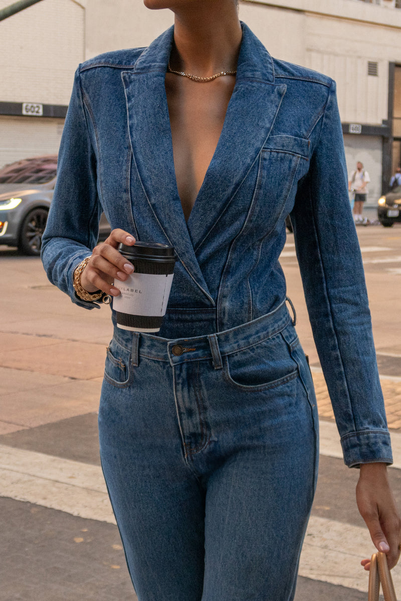 Medium Wash Dominica Structured Denim Bodysuit