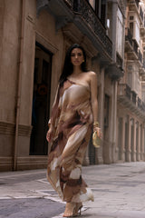 Tan Abstract Mariel One Shoulder Maxi Dress - JLUXLABEL