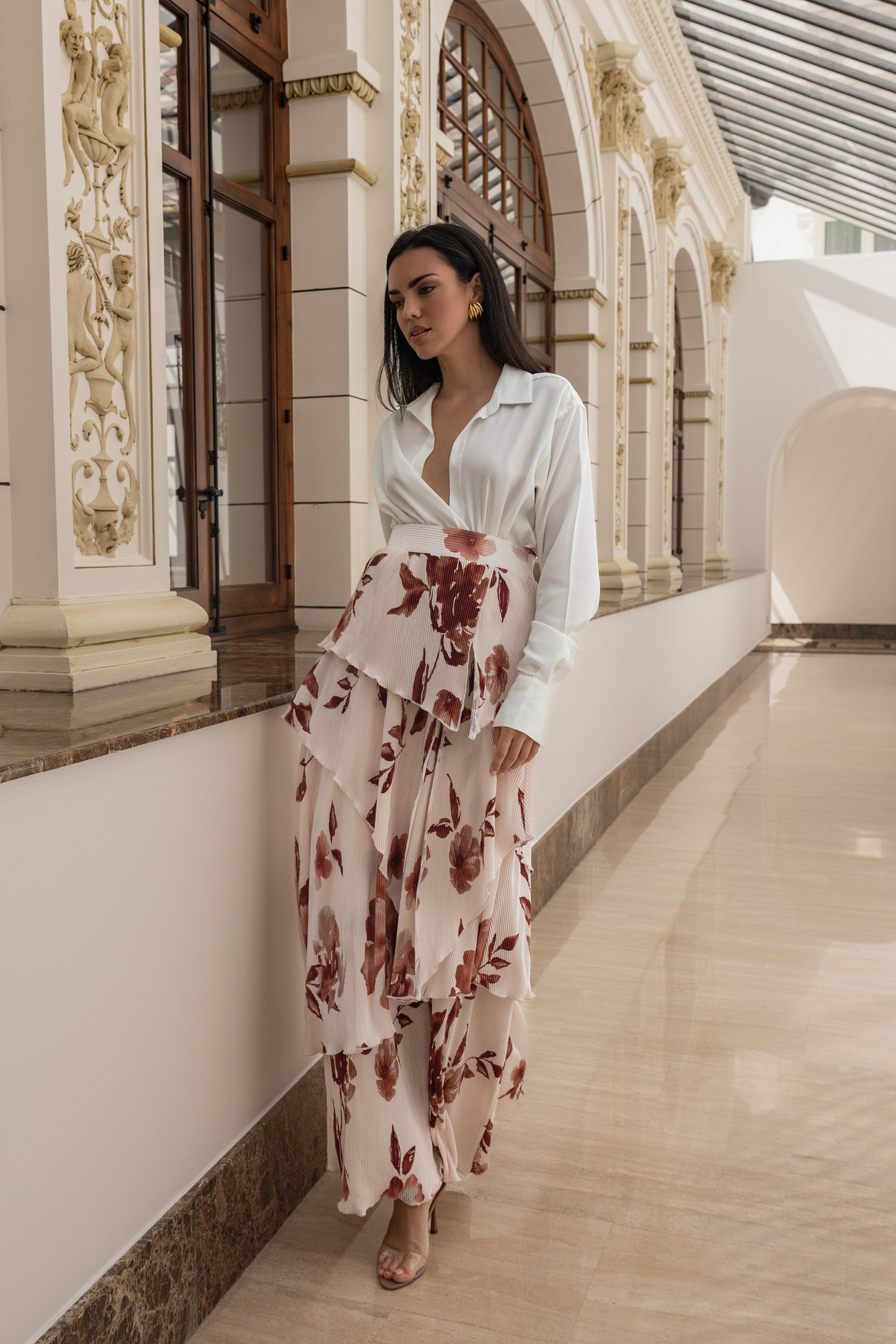 Cream Floral Kamira Tiered Skirt - JLUXLABEL
