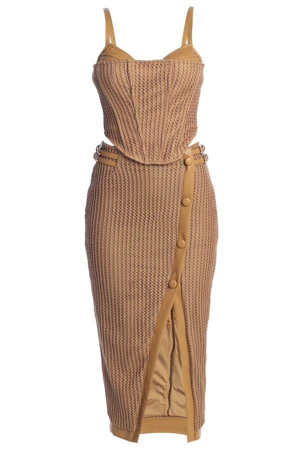 Tan Textured Mystique Midi Skirt