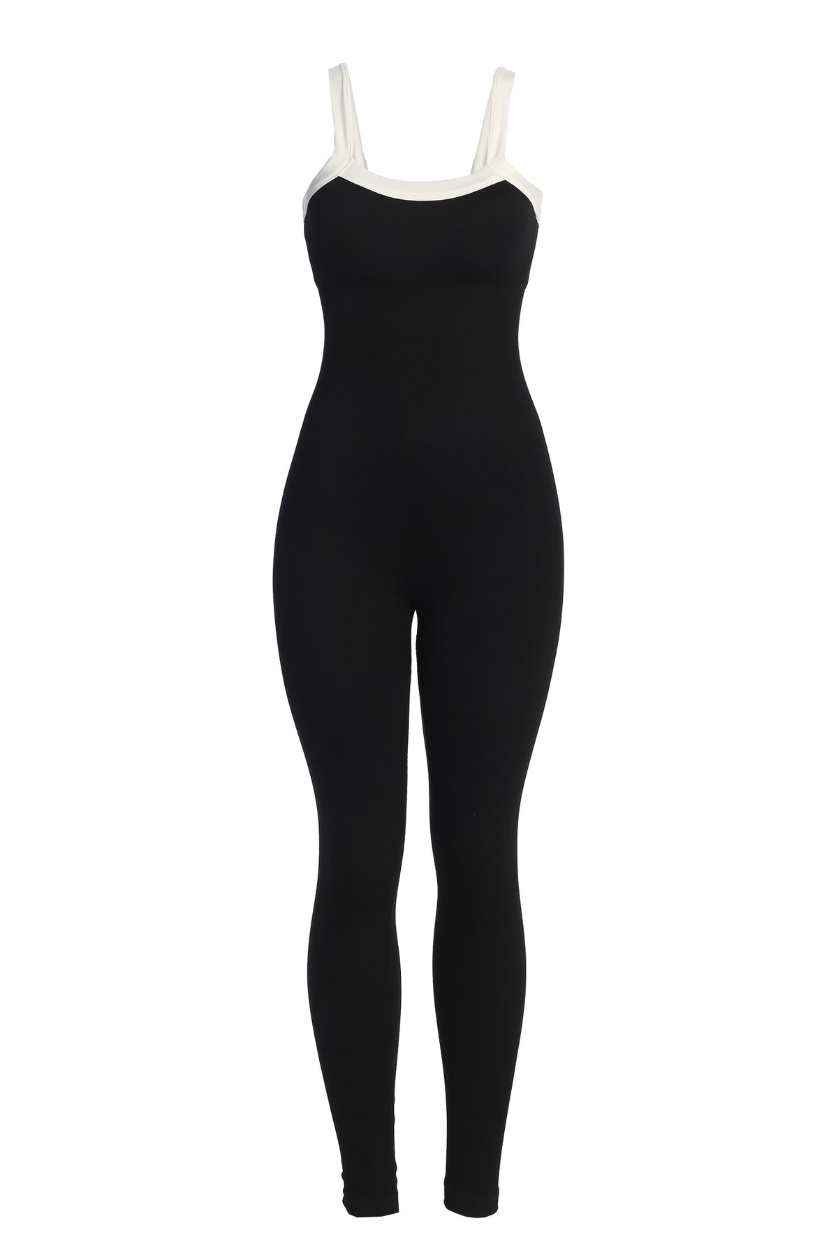 Black and white ribbed JLUXLABEL jumpsuit with a fitted design, showcasing the core ribbed texture and stylish silhouette.