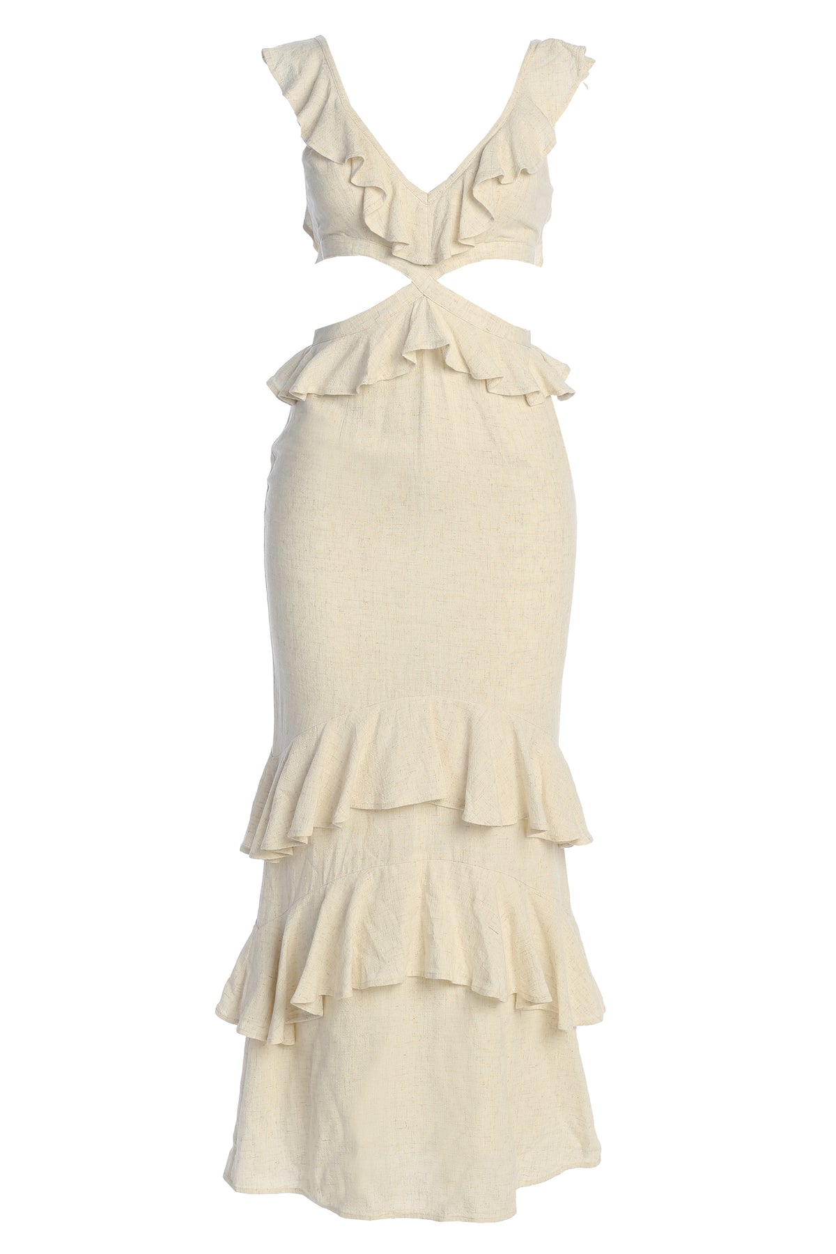 Natural Sunshine ruffle linen dress by JLUXLABEL, featuring lightweight fabric, ruffle details, and a flowy, feminine silhouette.