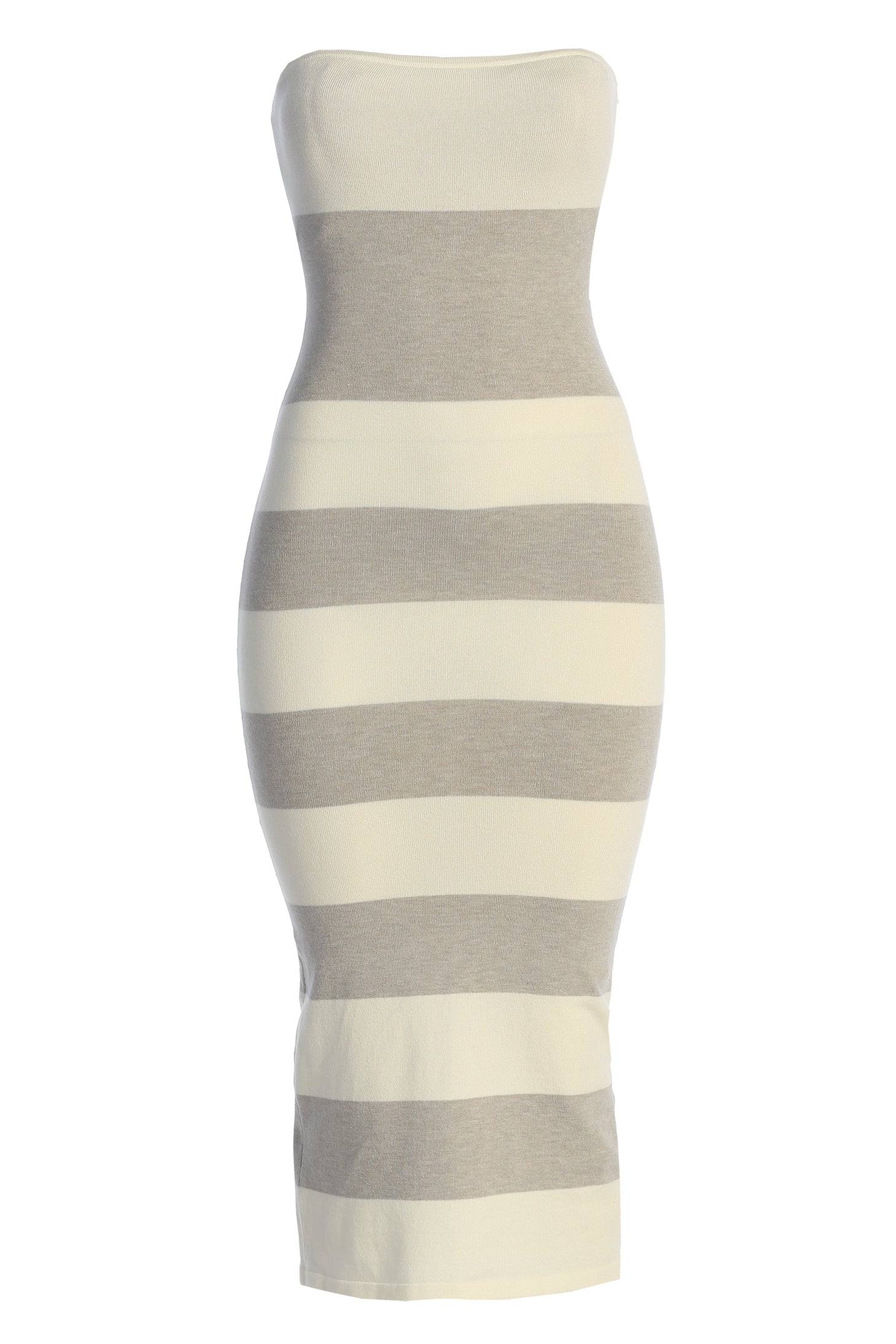 Ivory/Heather Grey Striped Strapless Midi Dress - JLUXLABEL