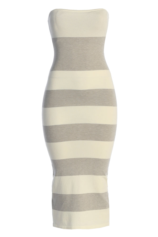 Ivory/Heather Grey Striped Strapless Midi Dress