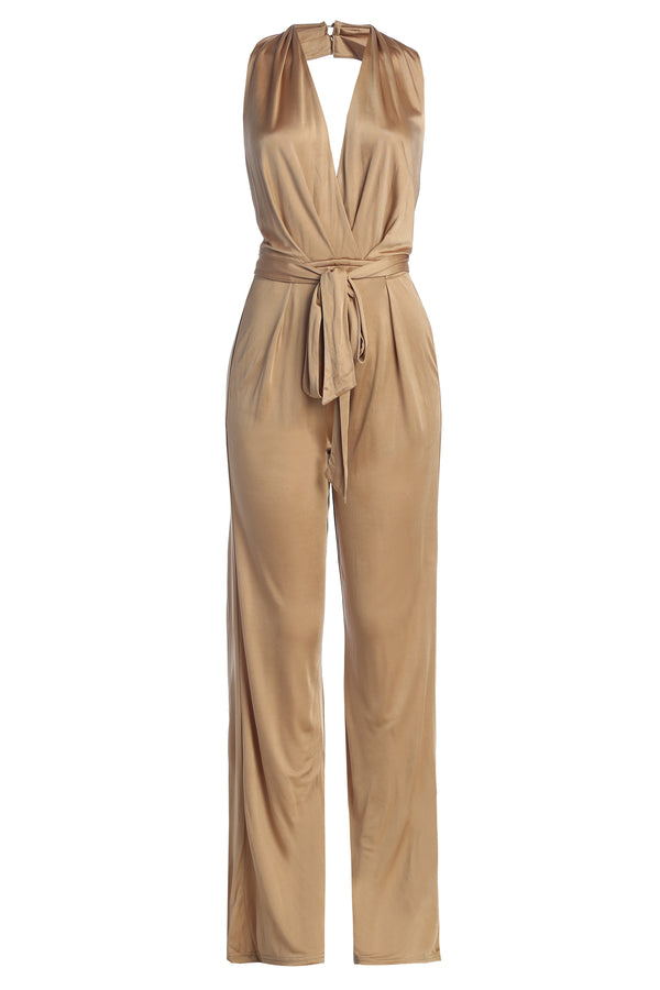 Beige Slinky Halter Belted Jumpsuit