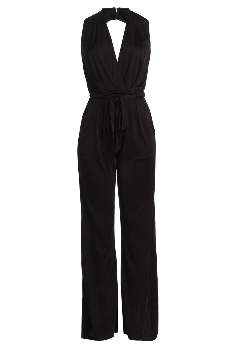 Black Slinky Halter Belted Jumpsuit