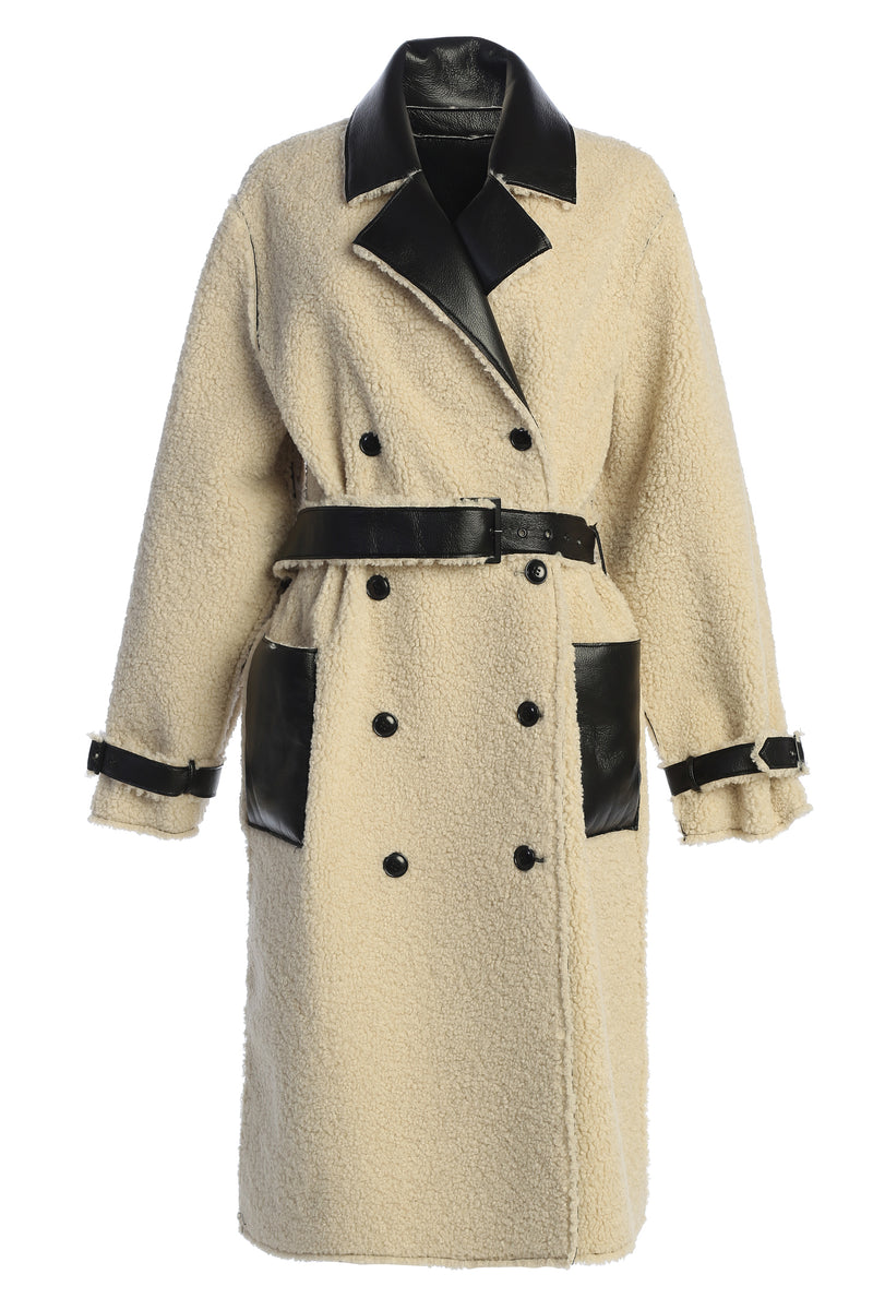 Black/Ivory Sherpa And Faux Leather Coat