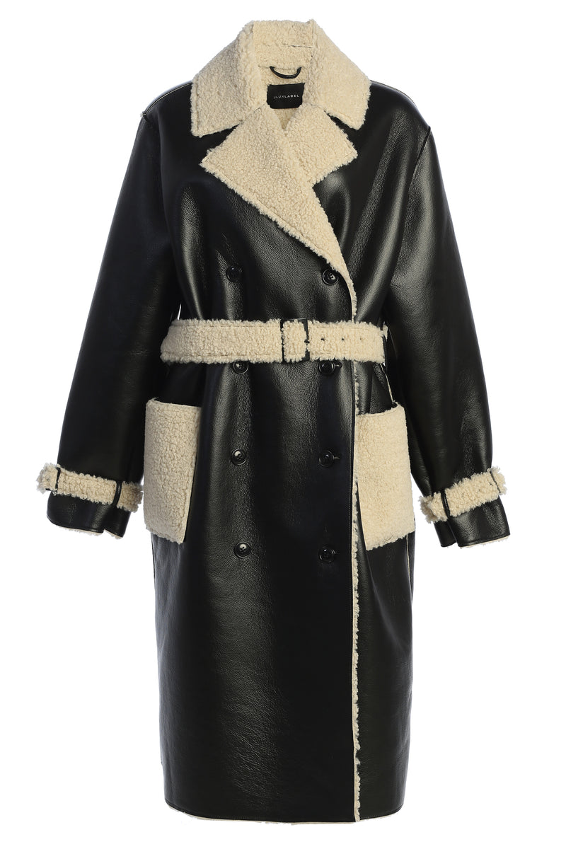 Black/Ivory Sherpa And Faux Leather Coat