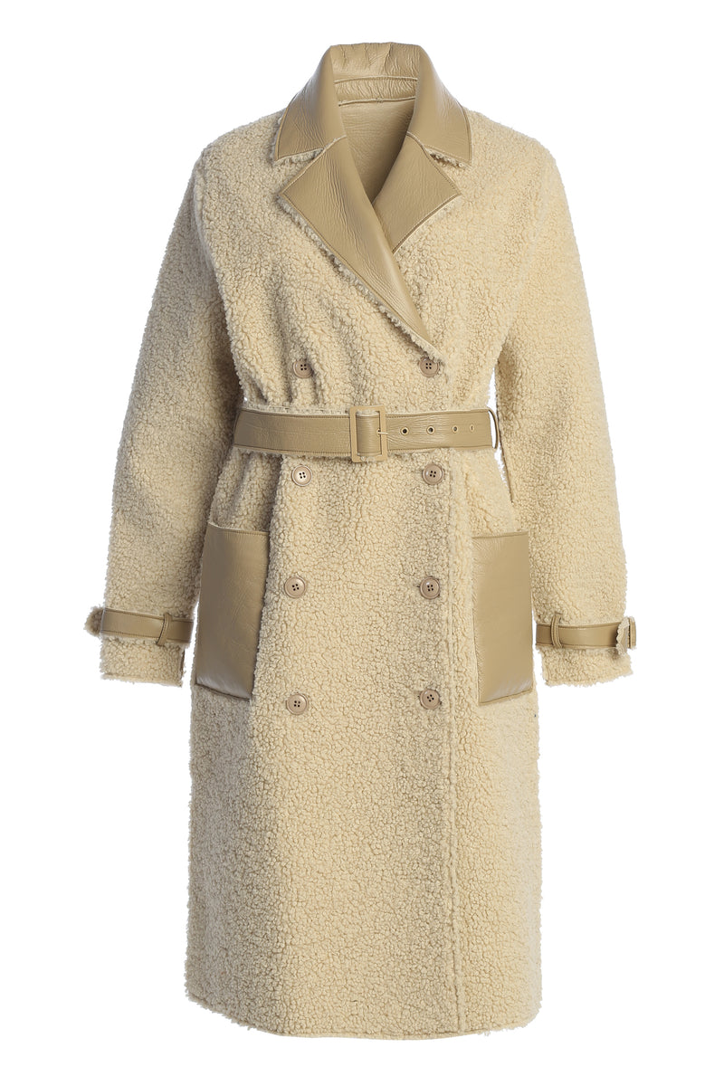 Beige/Ivory Sherpa And Faux Leather Coat