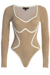 Beige Unstoppable Piped Knit Bodysuit - JLUXLABEL