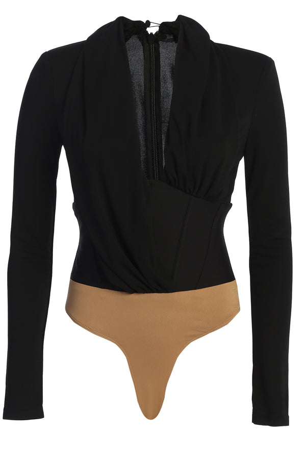 Black Drape Corset Bodysuit | JLUXLABEL