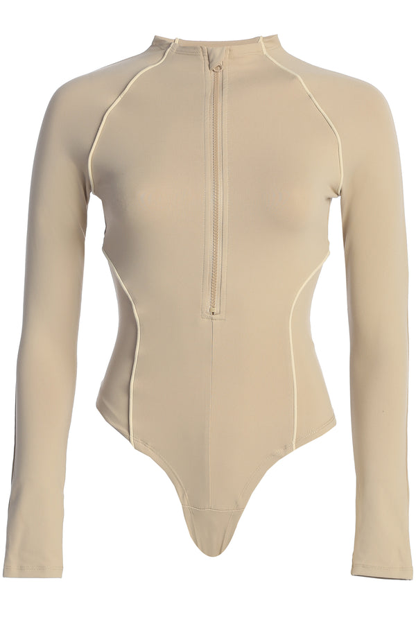 Beige Rise Up Zip Front Bodysuit - JLUXLABEL