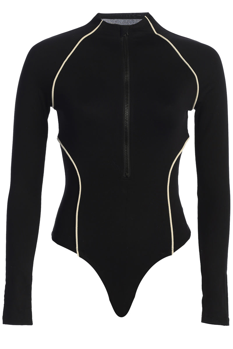 Black Rise Up Zip Front Bodysuit - JLUXLABEL