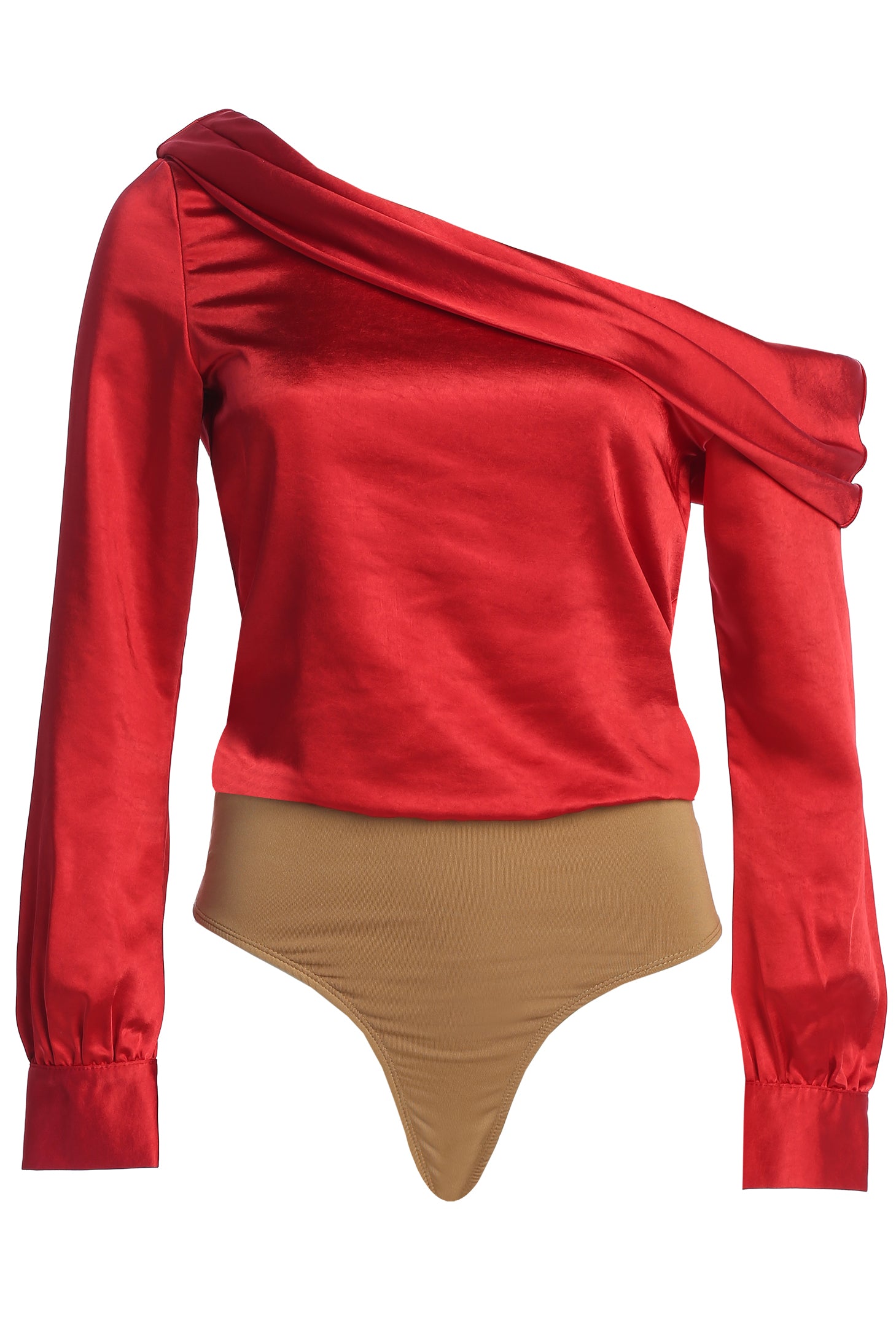 Red Satin Rima Asymmetrical Bodysuit - JLUXLABEL