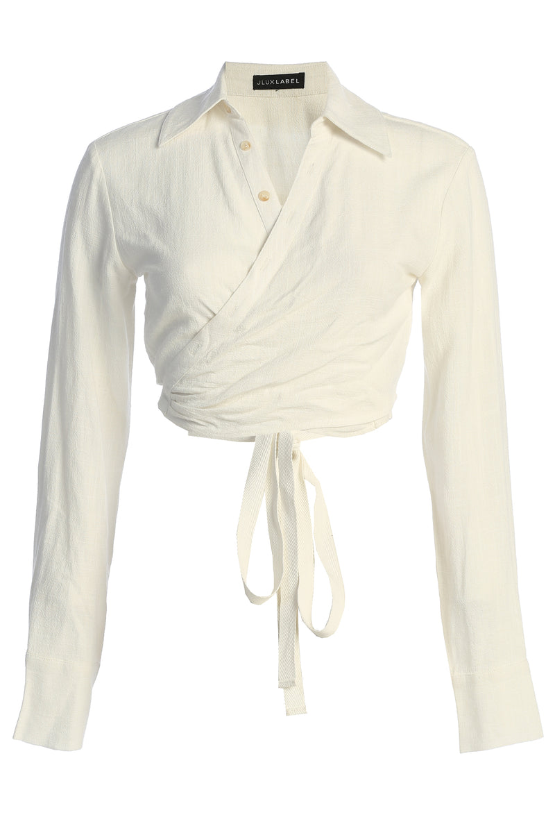 White Drift Away Linen Wrap Top - The Linen Collection - JLUXLABEL