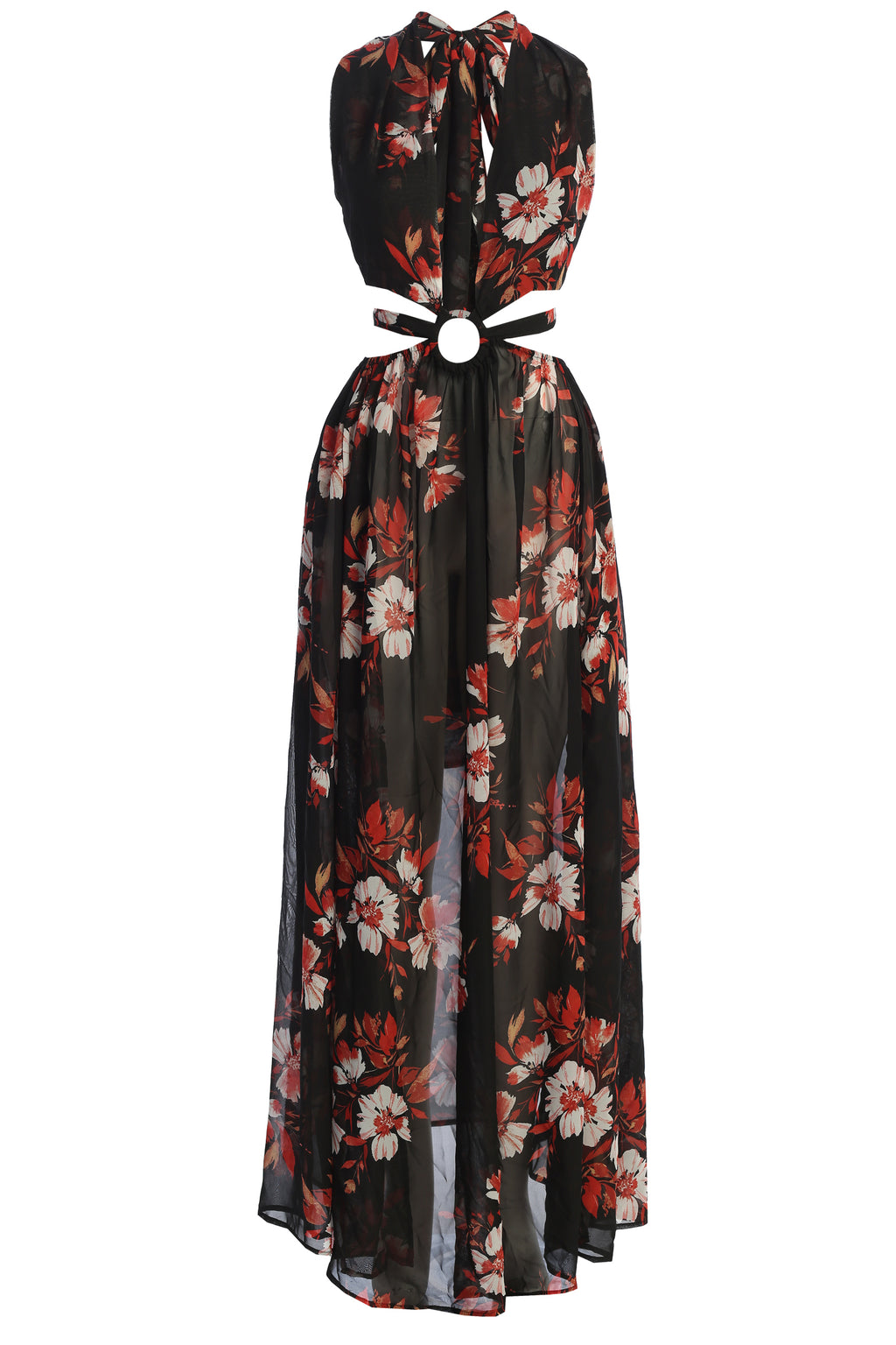 Red Floral Nicoletta Chiffon Maxi Dress | JLUXLABEL