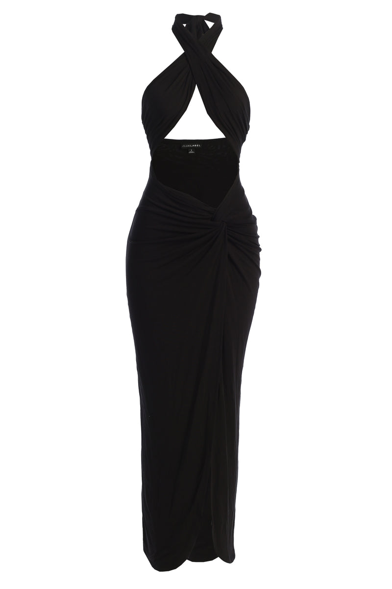 Black Tamara Halter Midi Dress | JLUXLABEL