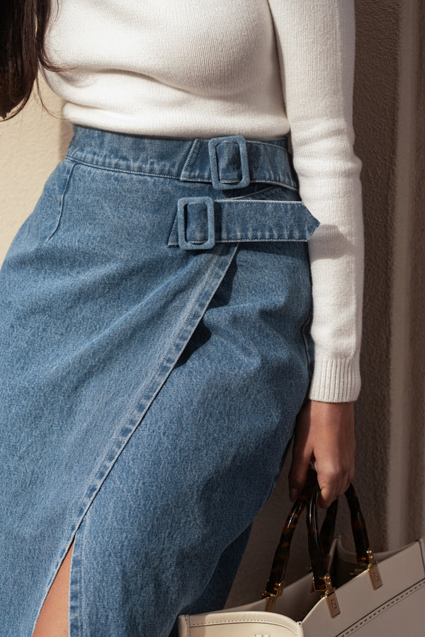 Medium Wash Gisele Denim Slit Skirt - JLUXLABEL