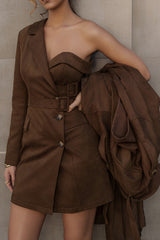 Chocolate One Shoulder Suede Blazer Dress