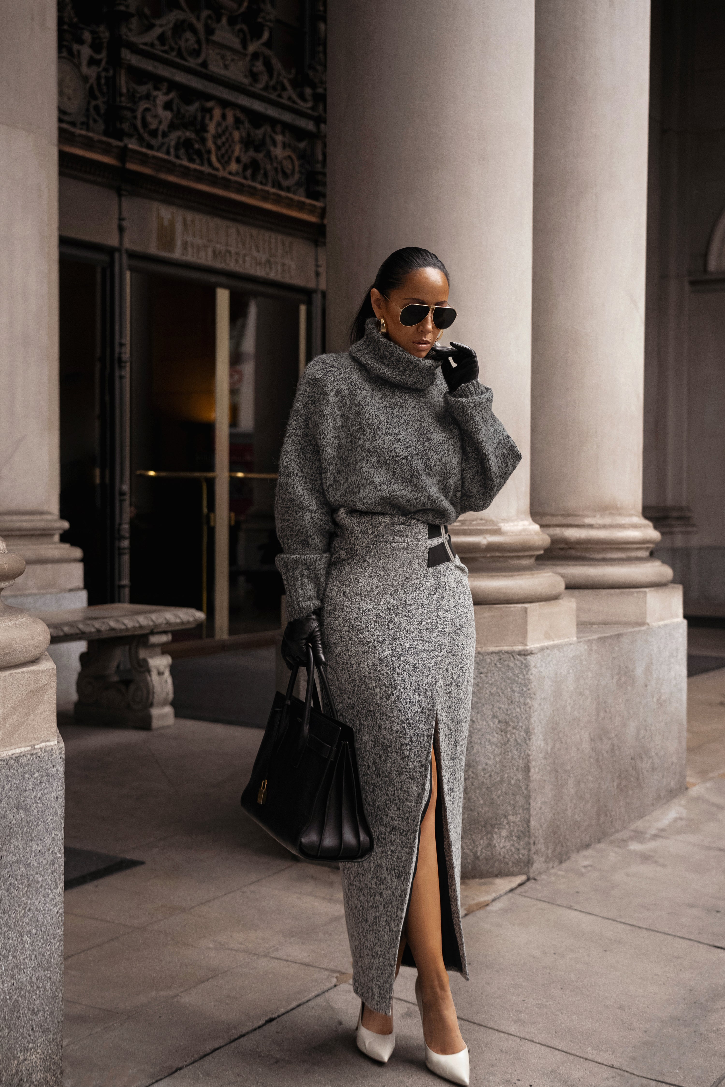 Lt. Grey Gisele Tweed Slit Skirt - JLUXLABEL