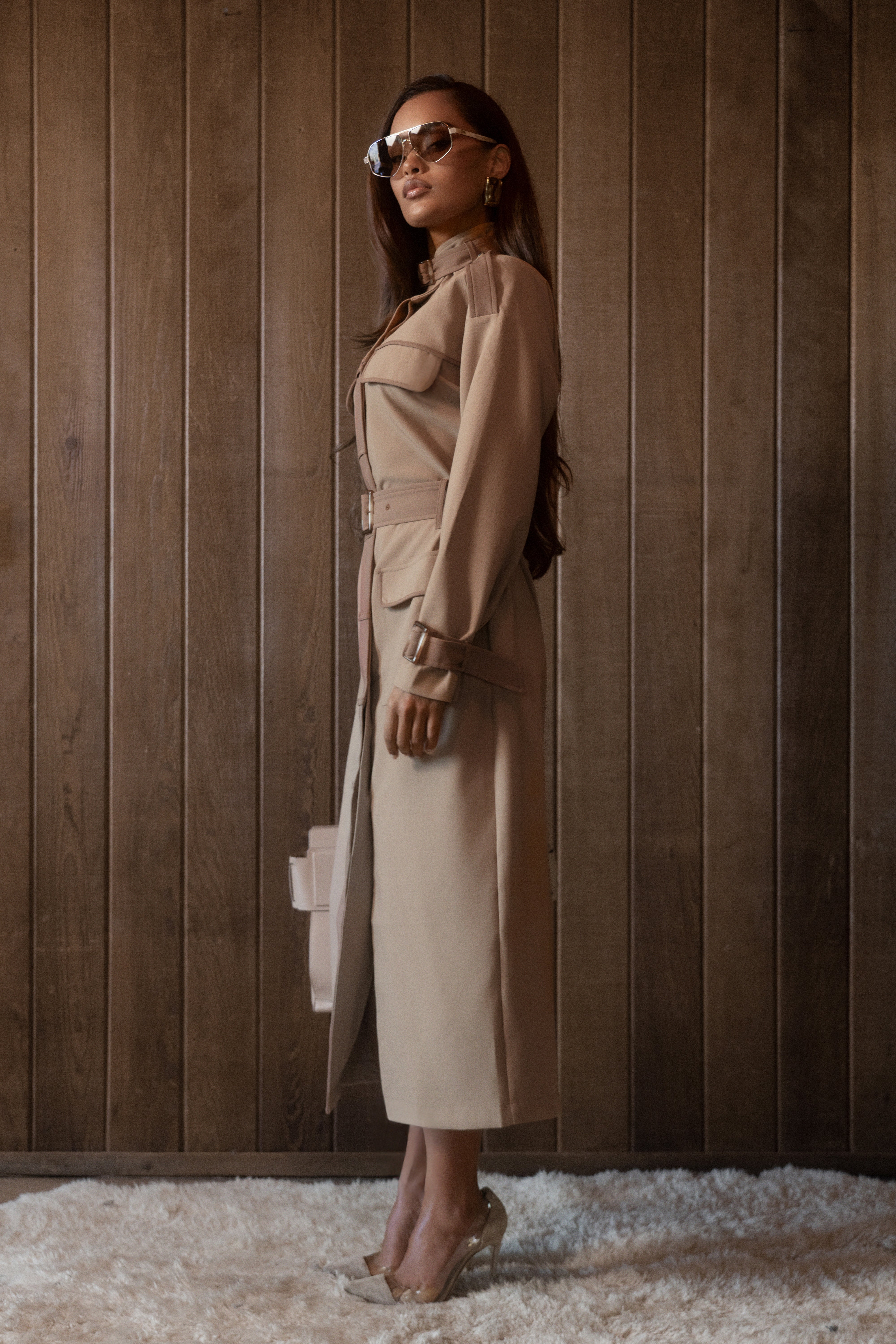 Beige Icon Belted Midi Dress - JLUXLABEL