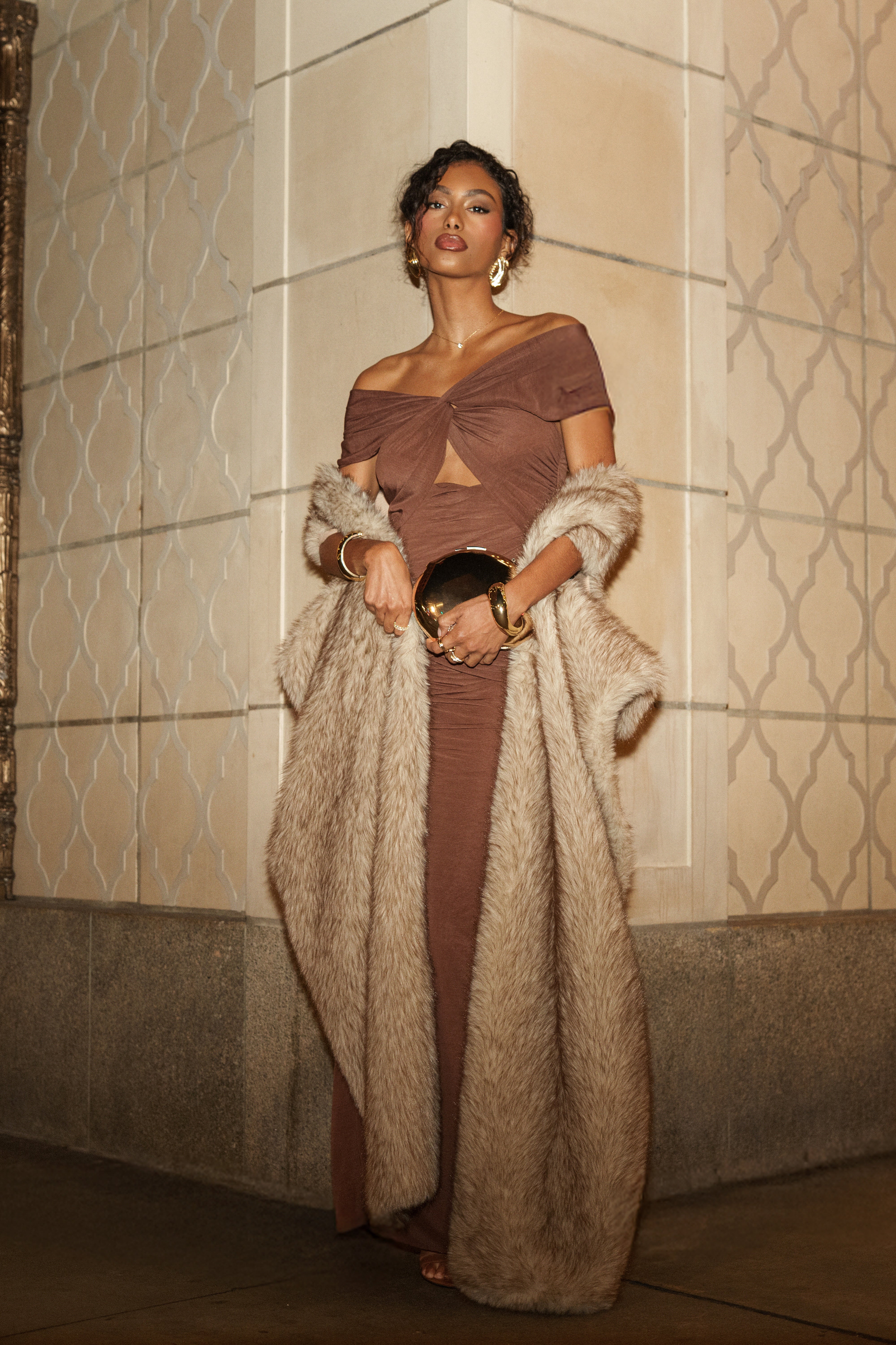 Chocolate Alessandra Off Shoulder Maxi Dress