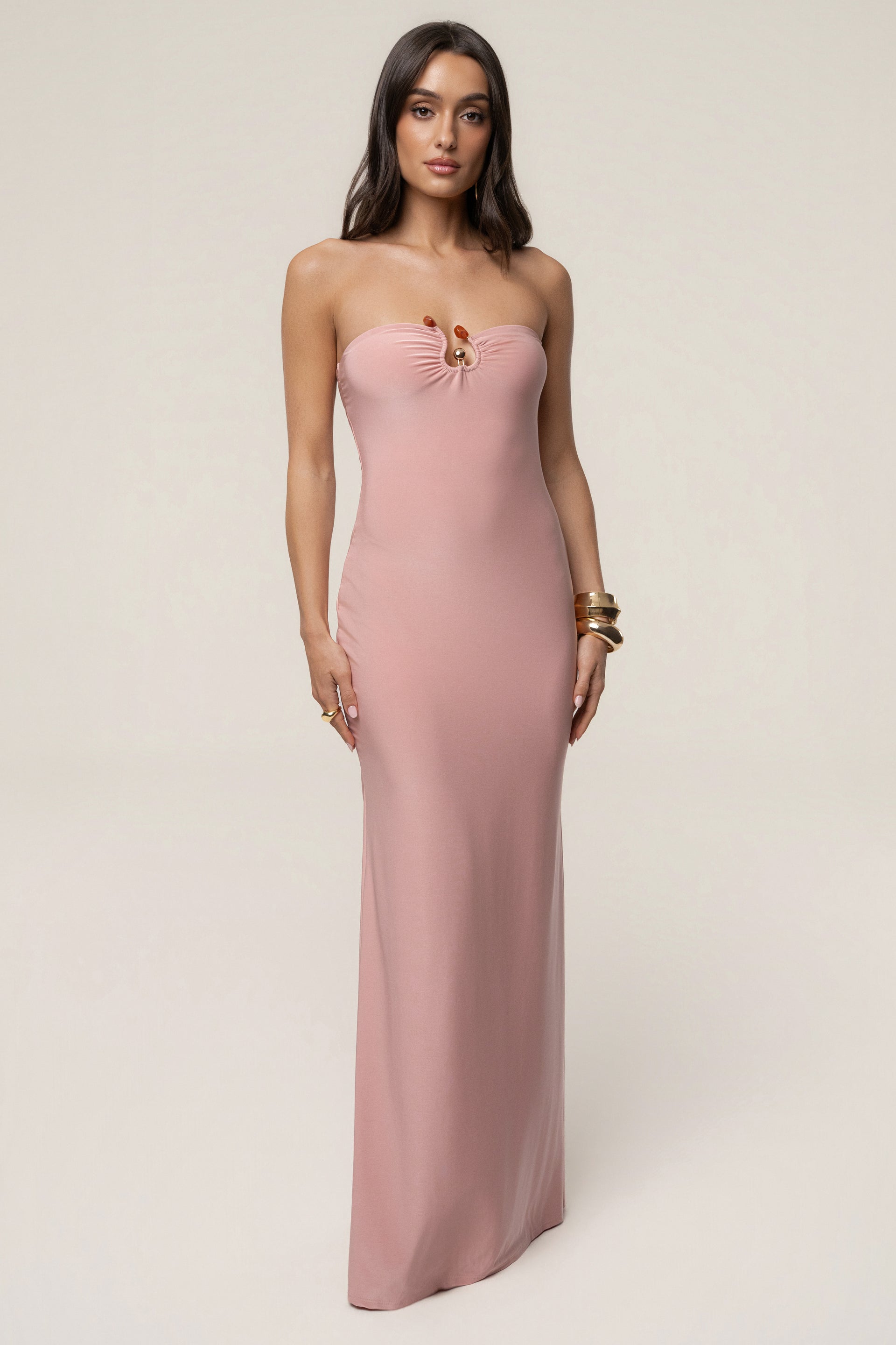 chinese dress ladies Zapaka Women Dusty Rose Maxi Bridesmaid Dress with Sleeves V-Neck A Line Ruched Wedding Guest Dress, Dusty Rose / US2