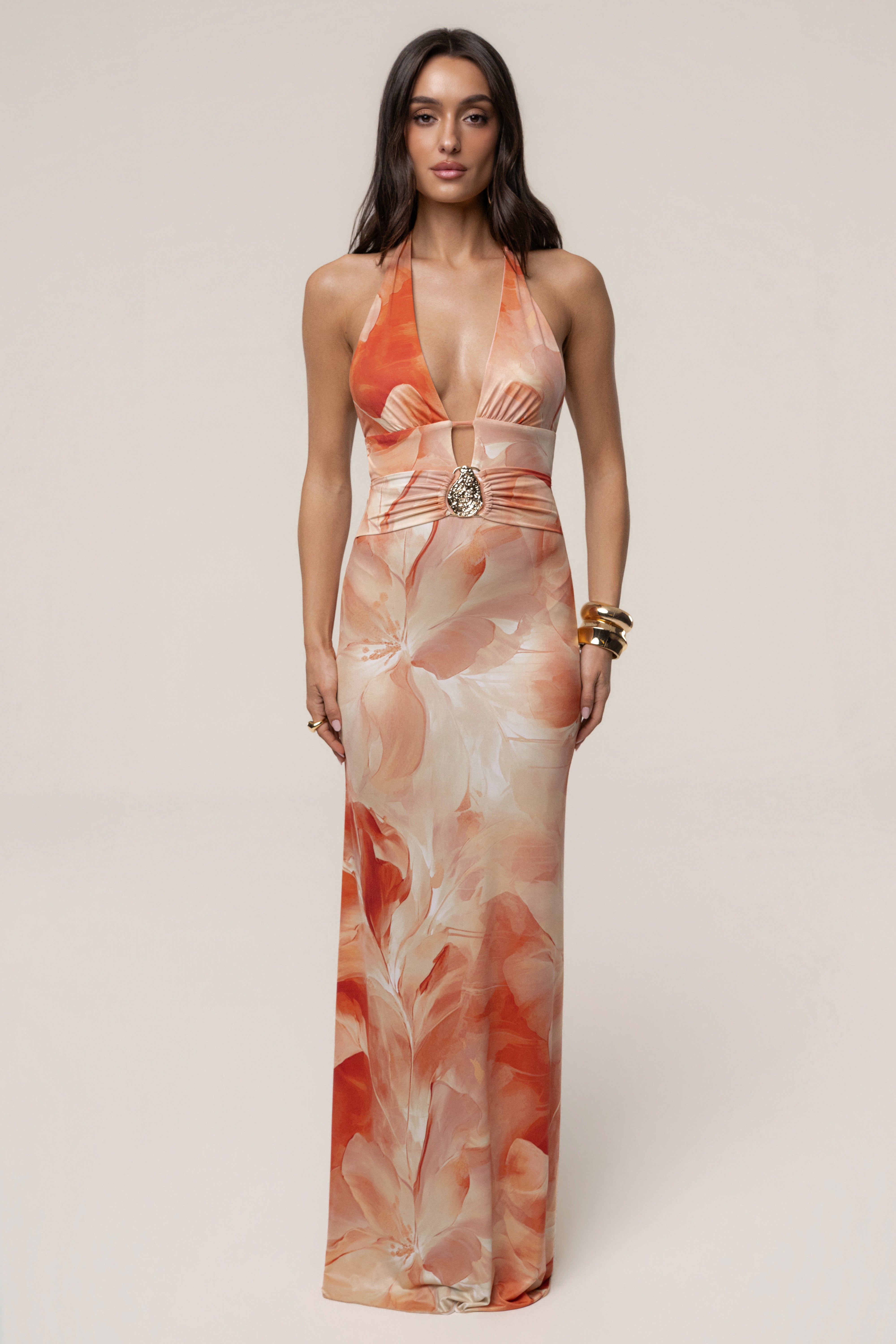 Orange Floral Blossom Print Maxi Dress - JLUXLABEL