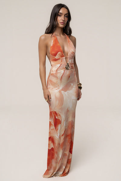 Orange Floral Blossom Print Maxi Dress