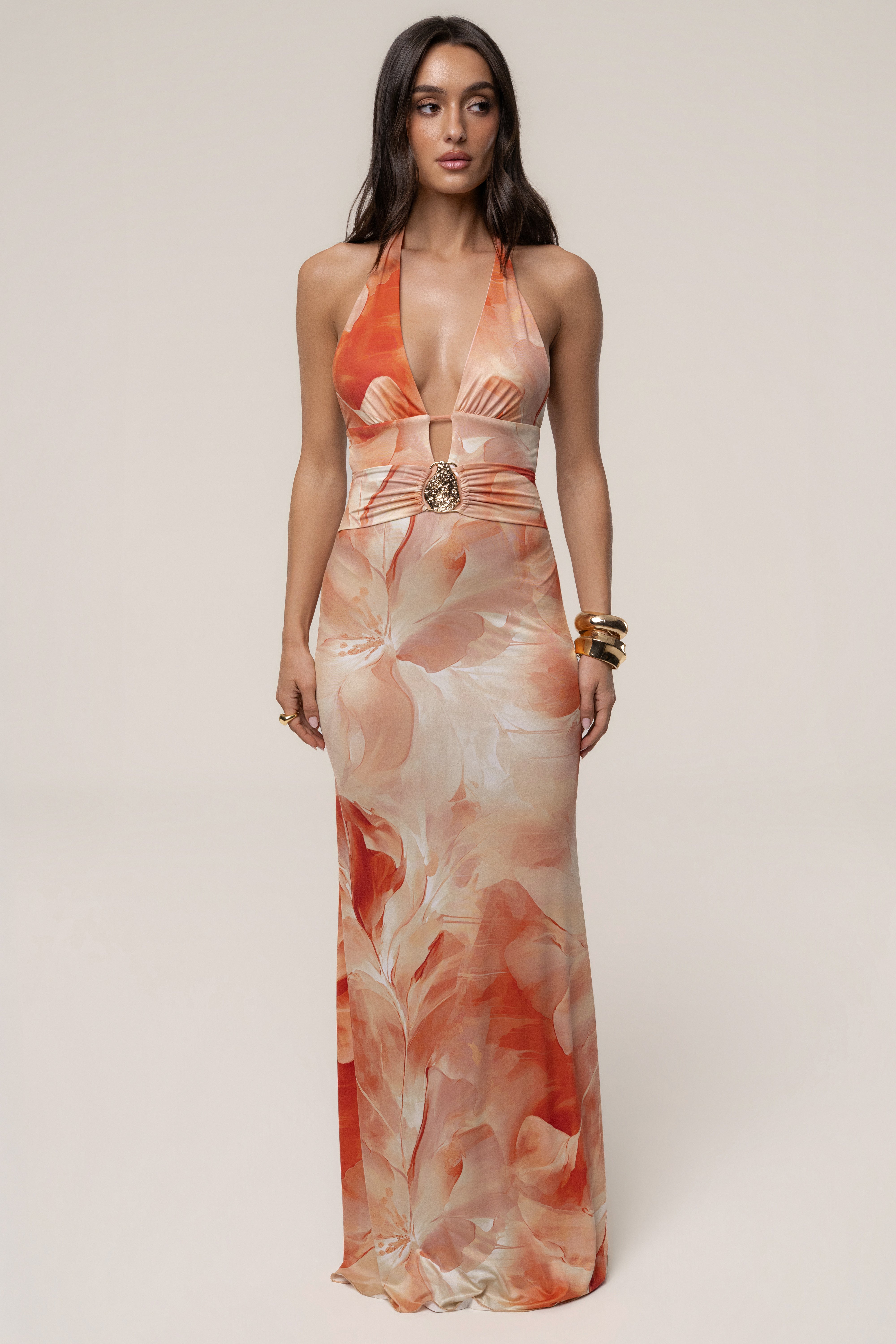 Orange Floral Blossom Print Maxi Dress - JLUXLABEL