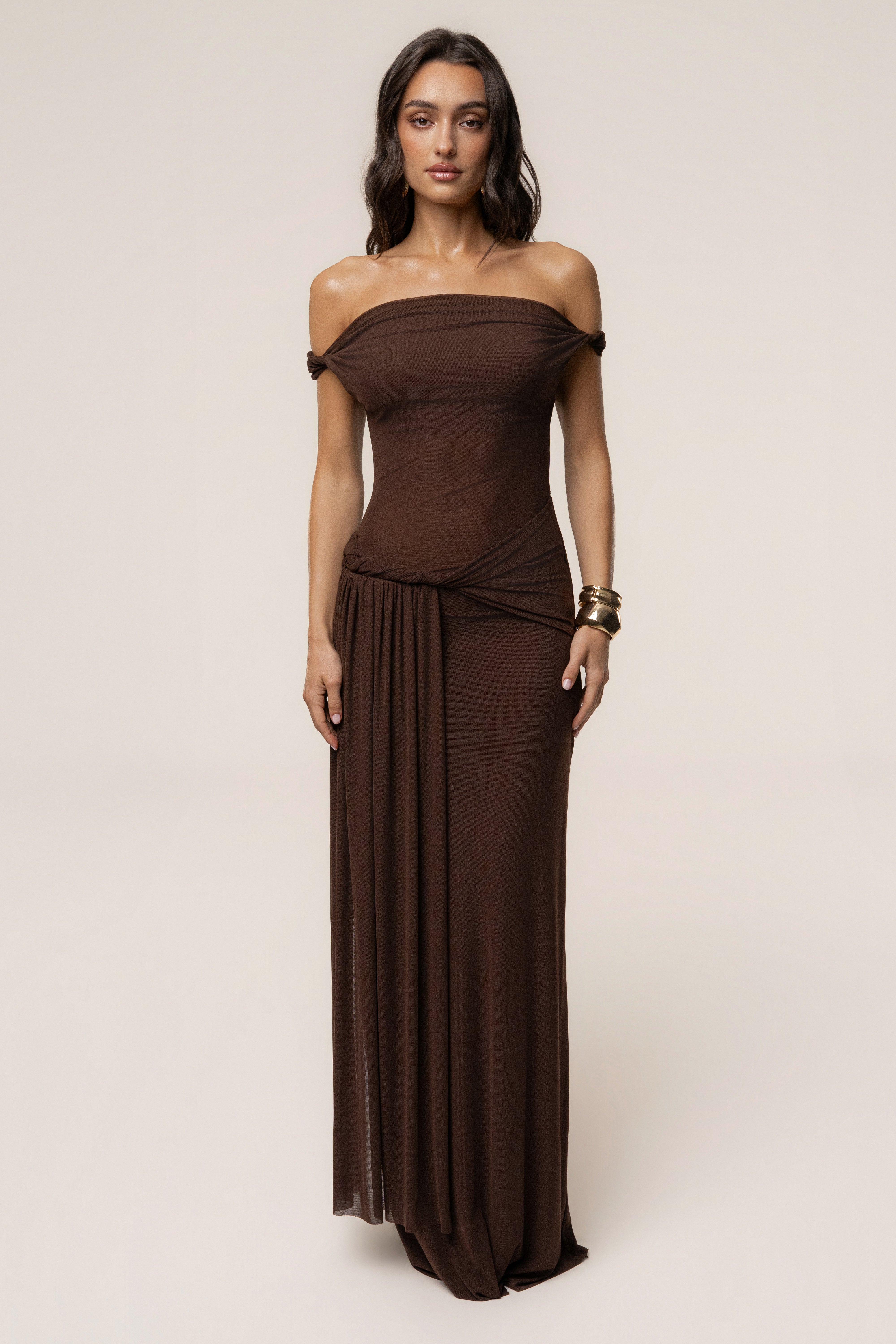 Brown Serenity Drape Gown | JLUXLABEL