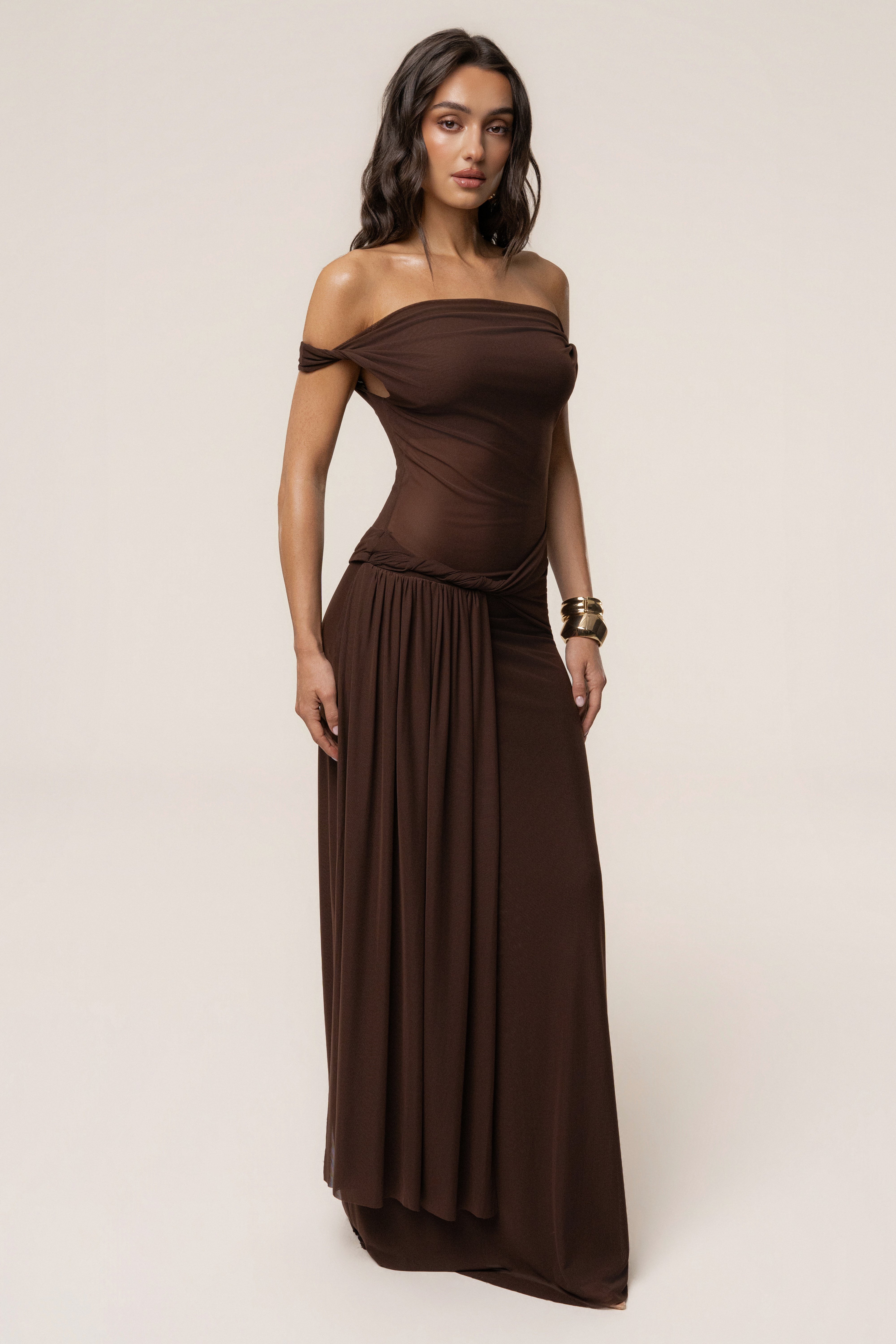 Brown Serenity Drape Gown - JLUXLABEL