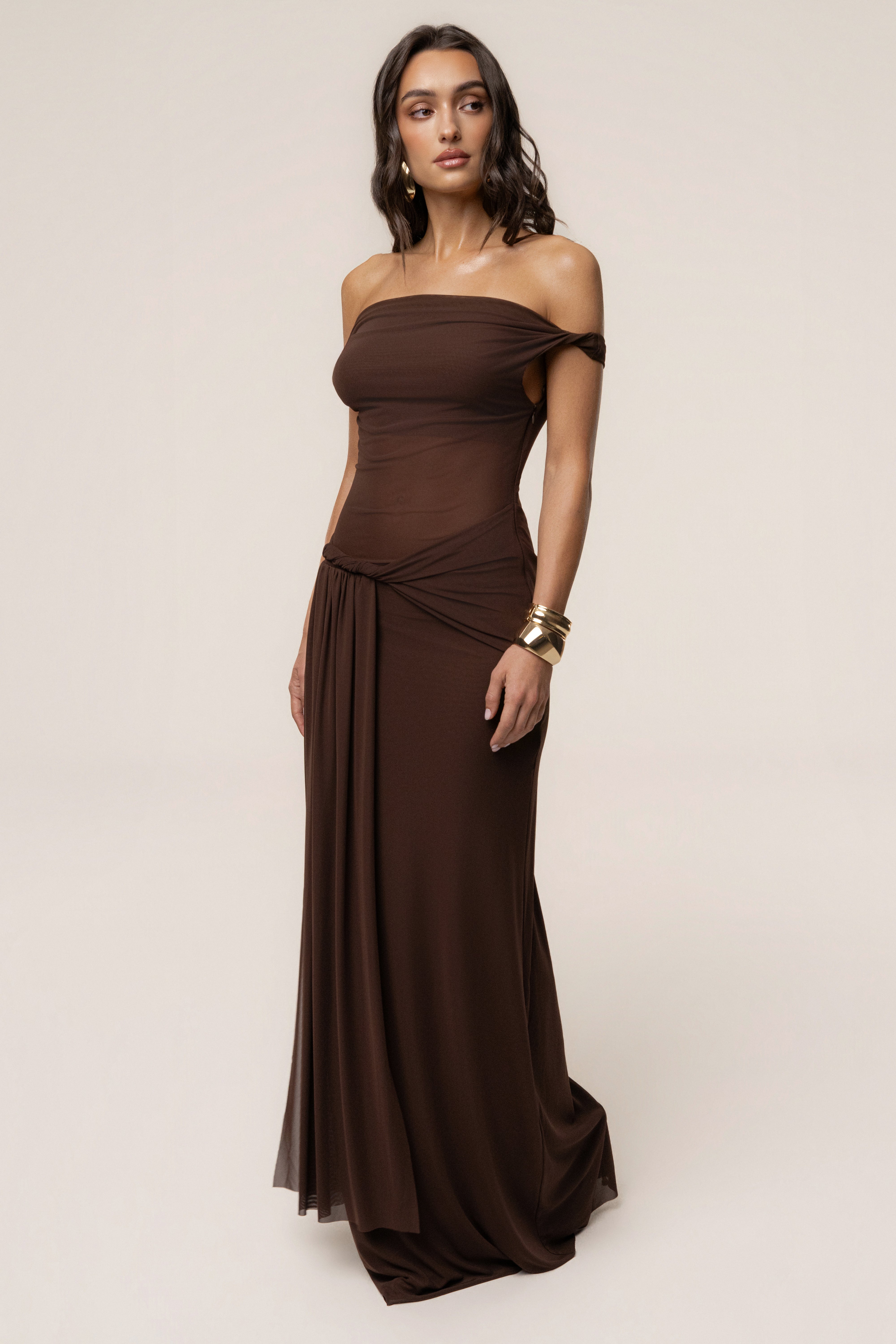 Brown Serenity Drape Gown - JLUXLABEL