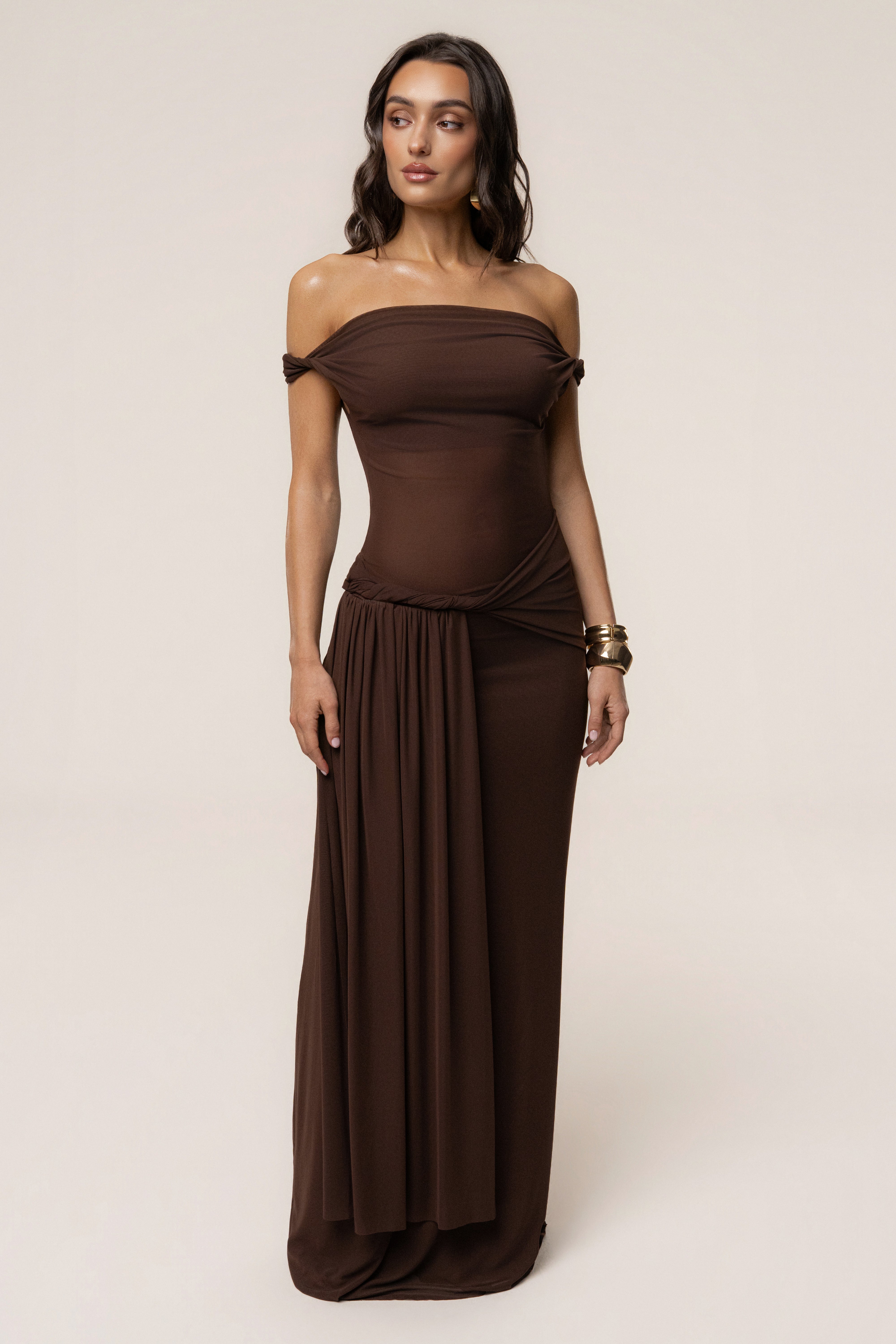 Brown Serenity Drape Gown - JLUXLABEL