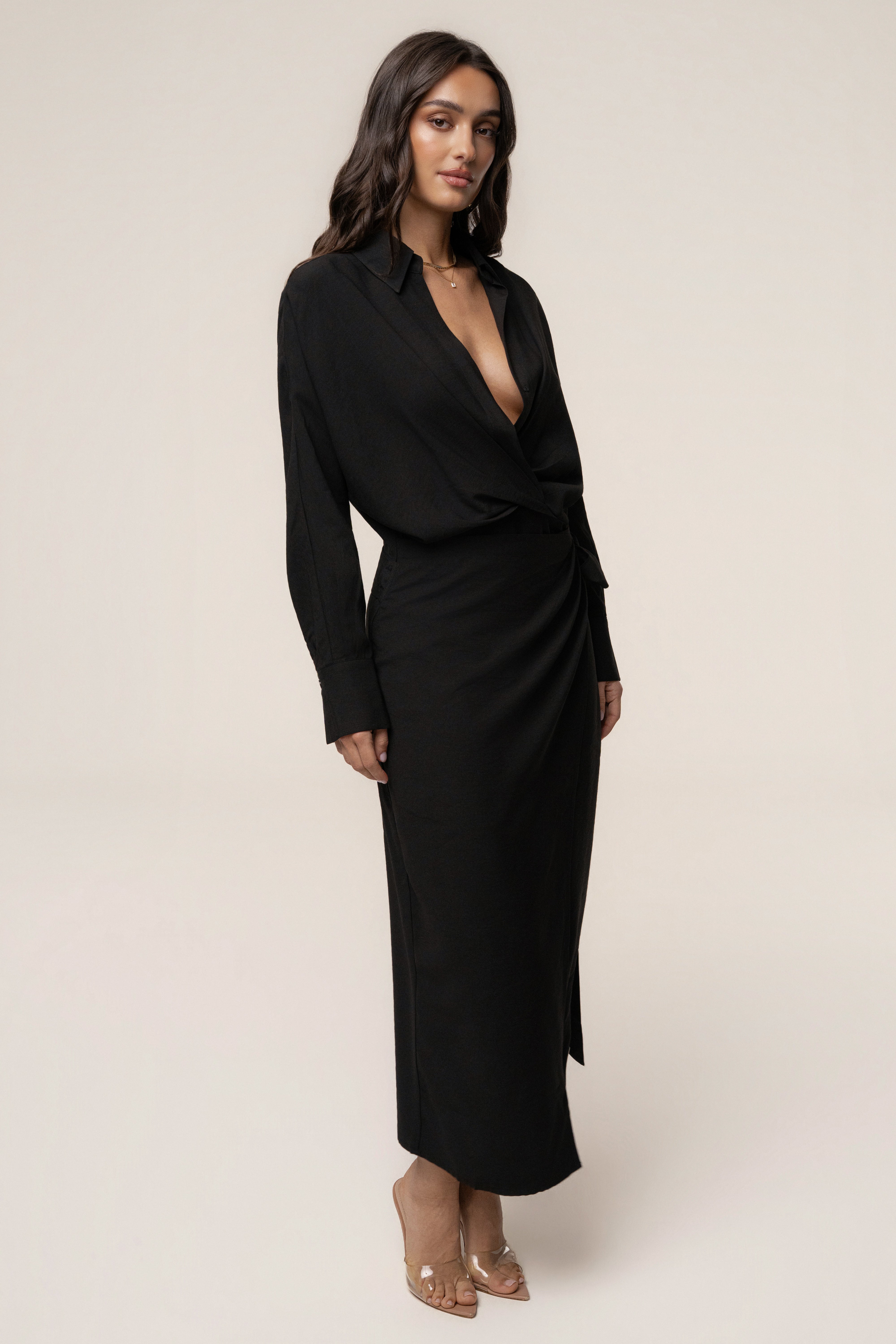 Black Skyline Wrap Midi Dress - JLUXLABEL