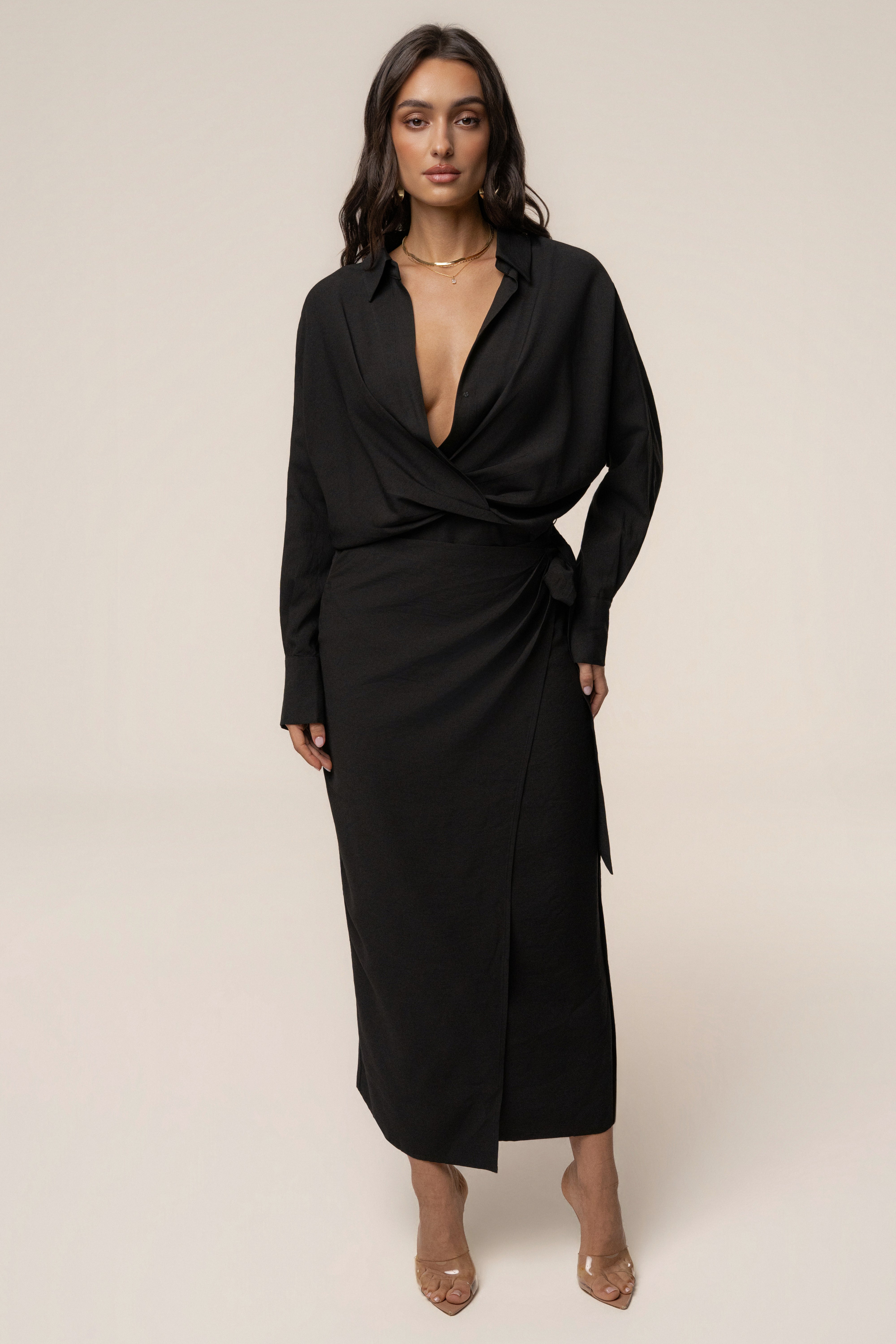 Black Skyline Wrap Midi Dress - JLUXLABEL