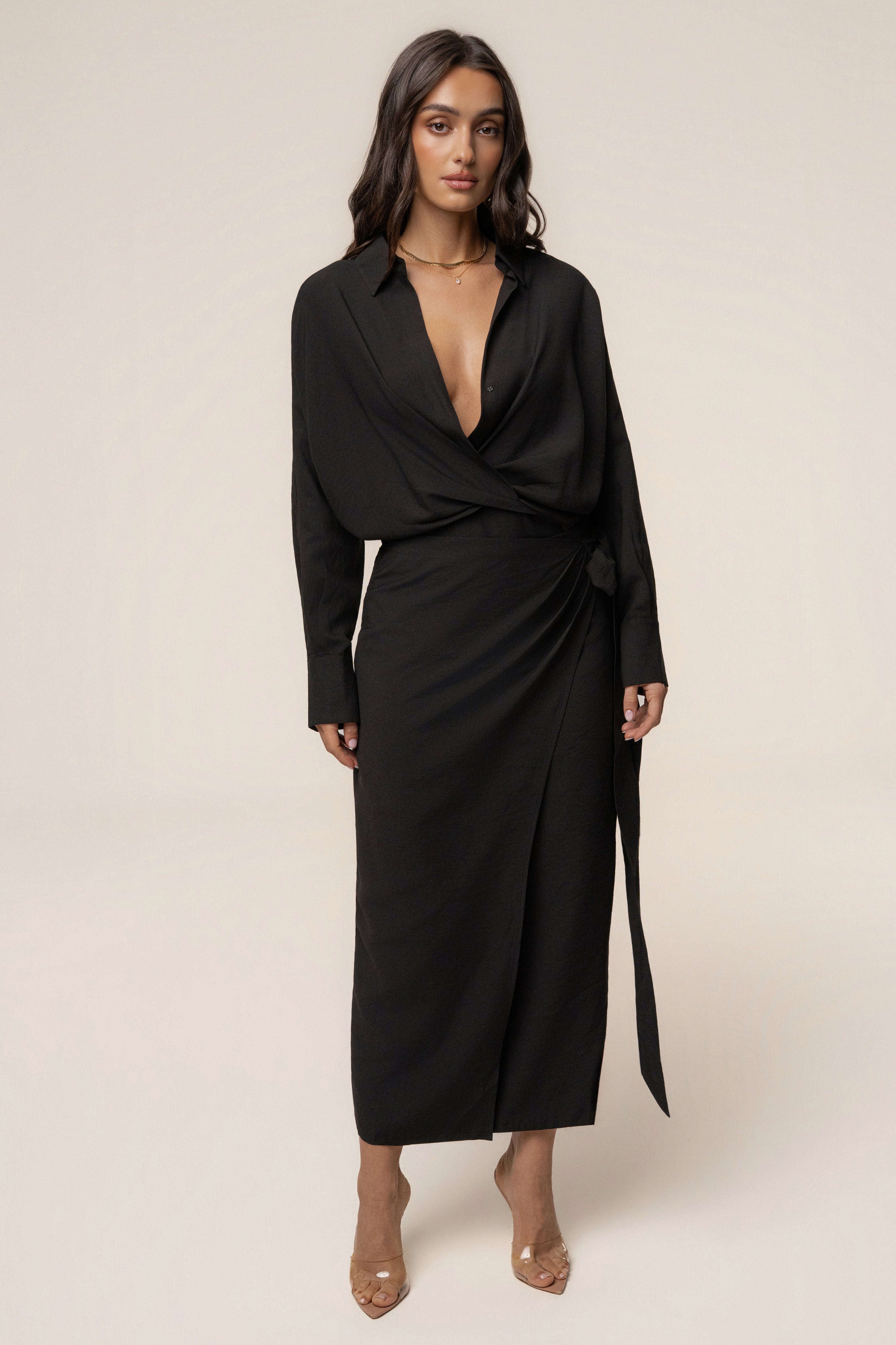 Black Skyline Wrap Midi Dress - JLUXLABEL
