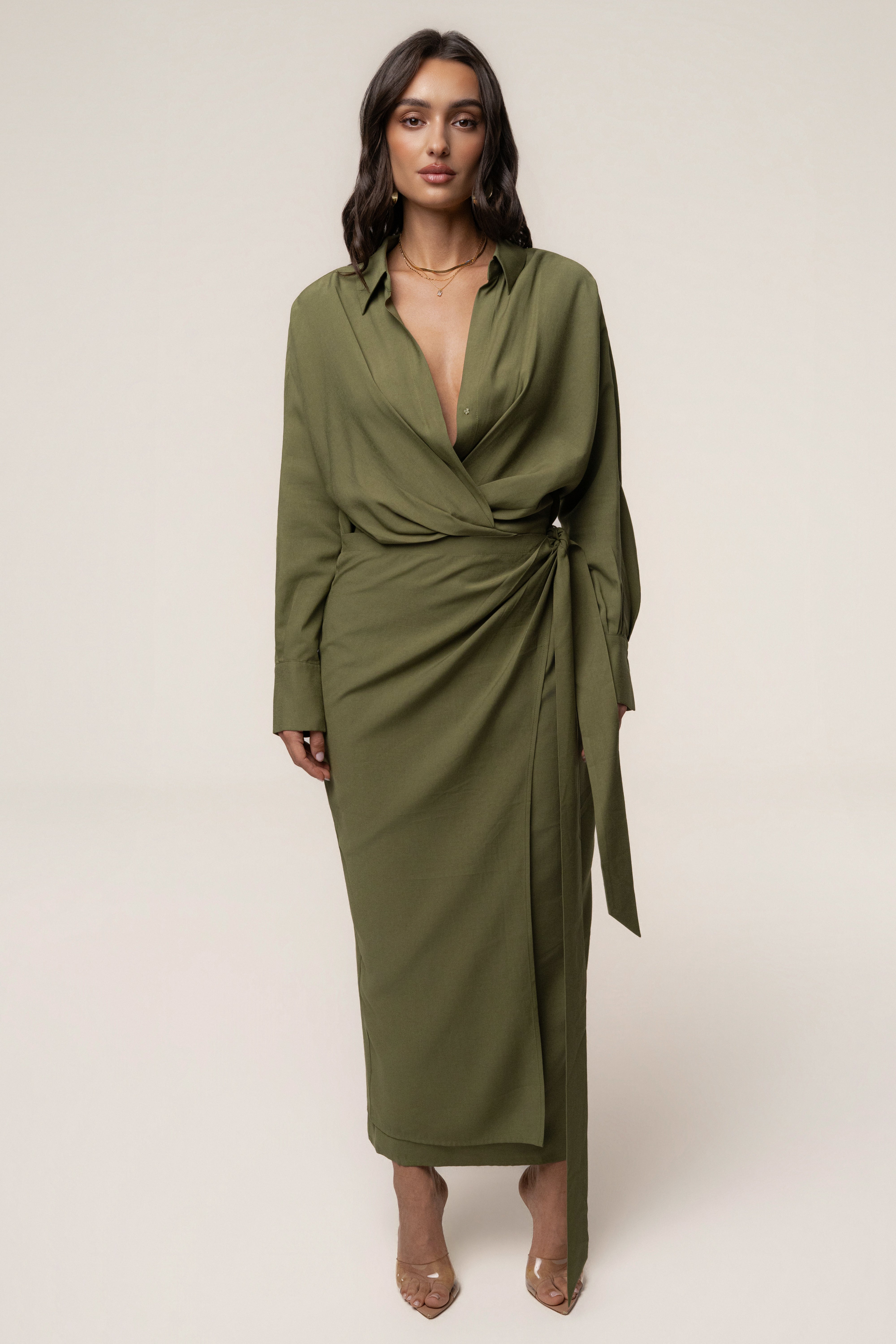 Olive Skyline Wrap Midi Dress - JLUXLABEL