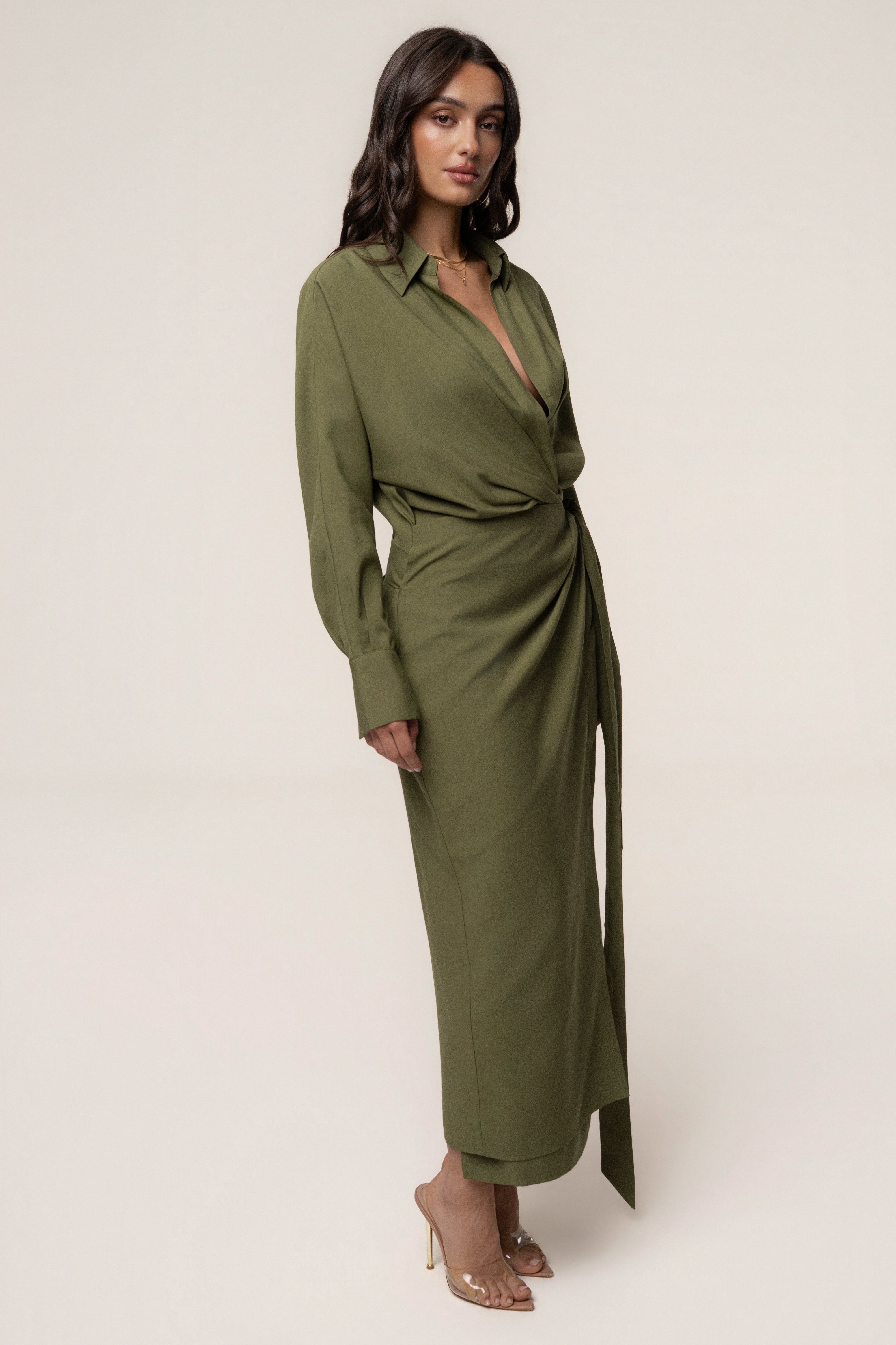 Olive Skyline Wrap Midi Dress | JLUXLABEL