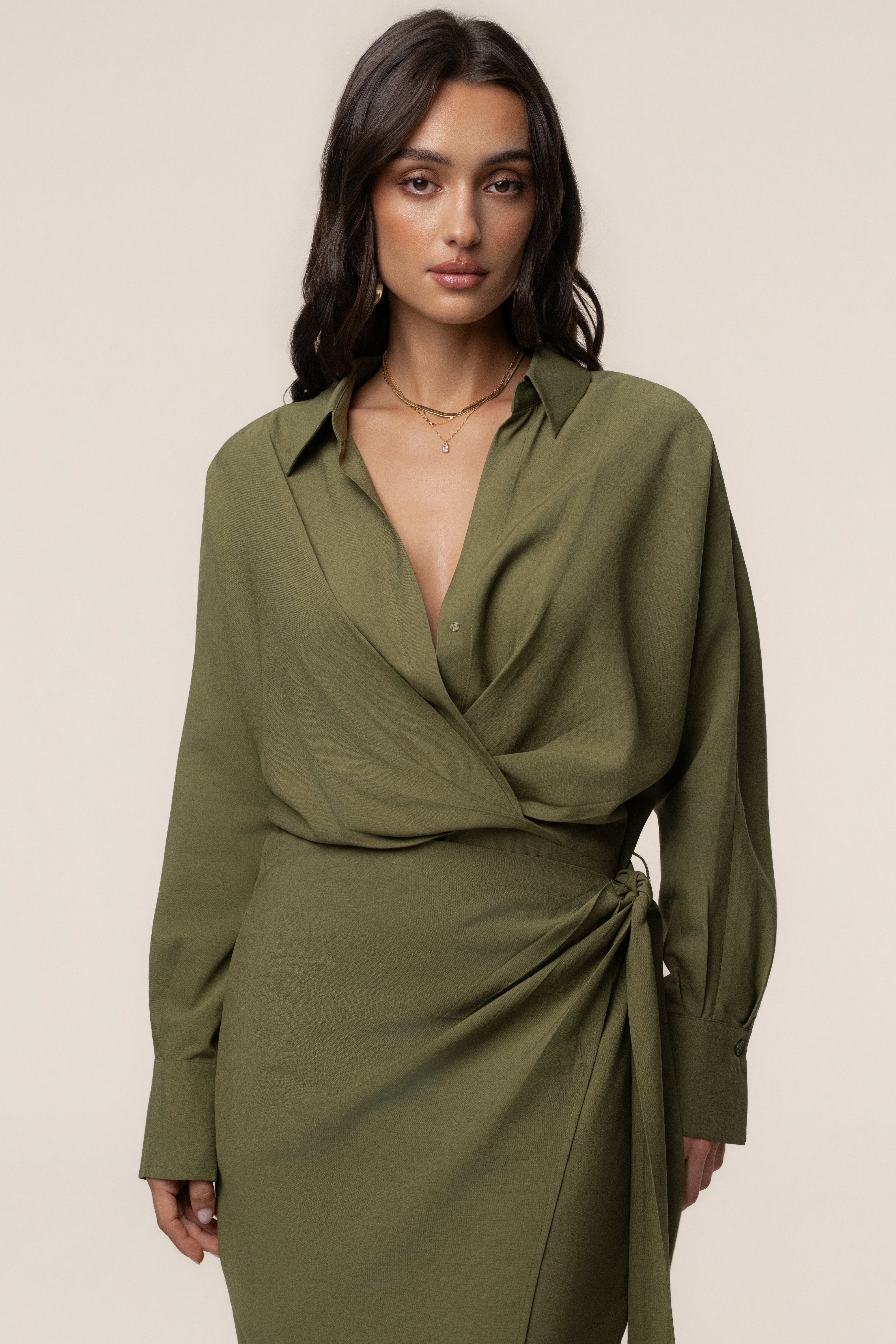 Olive Skyline Wrap Midi Dress - JLUXLABEL