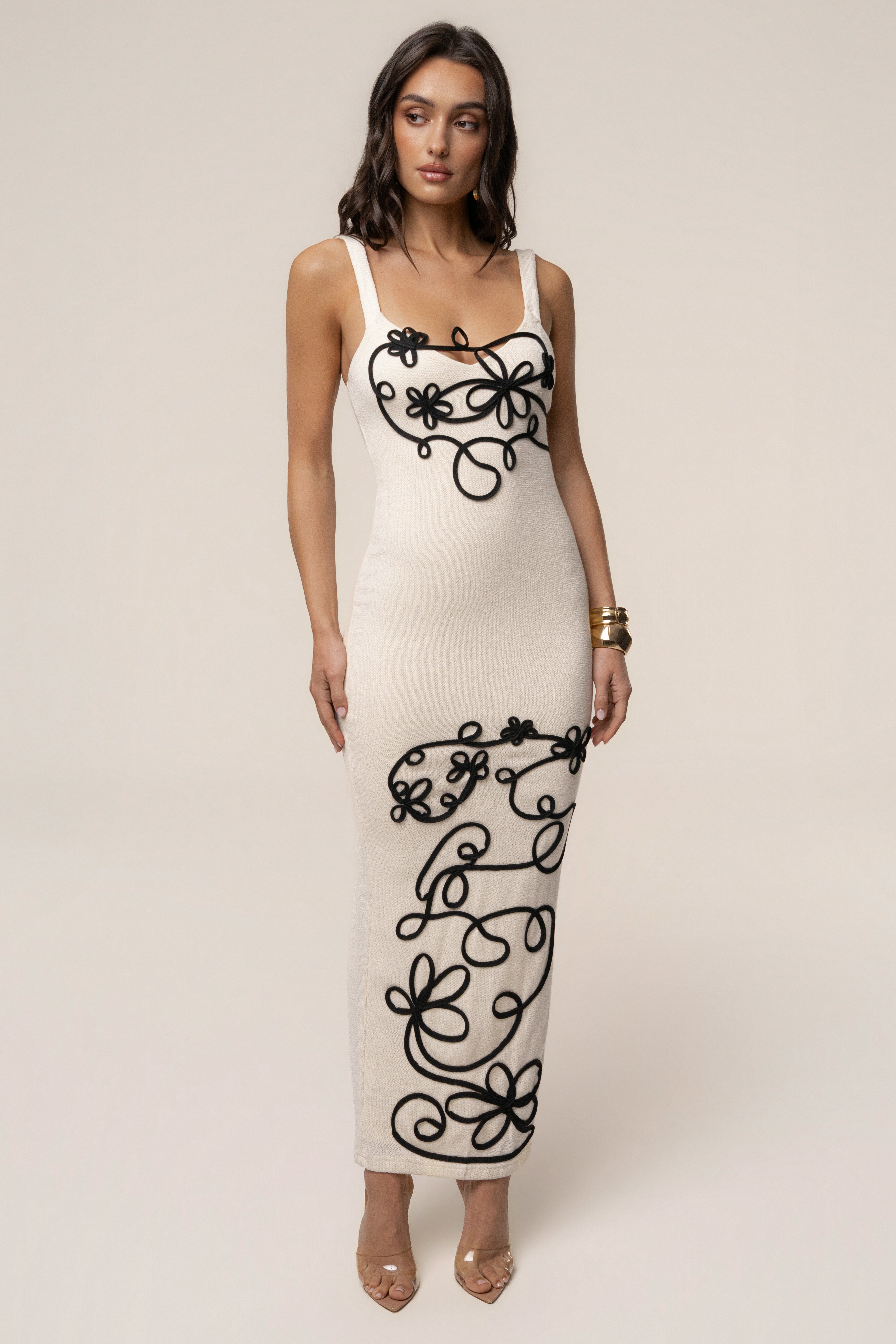 Ivory petal embroidered midi dress by JLUXLABEL featuring delicate floral embroidery and a flowing silhouette.